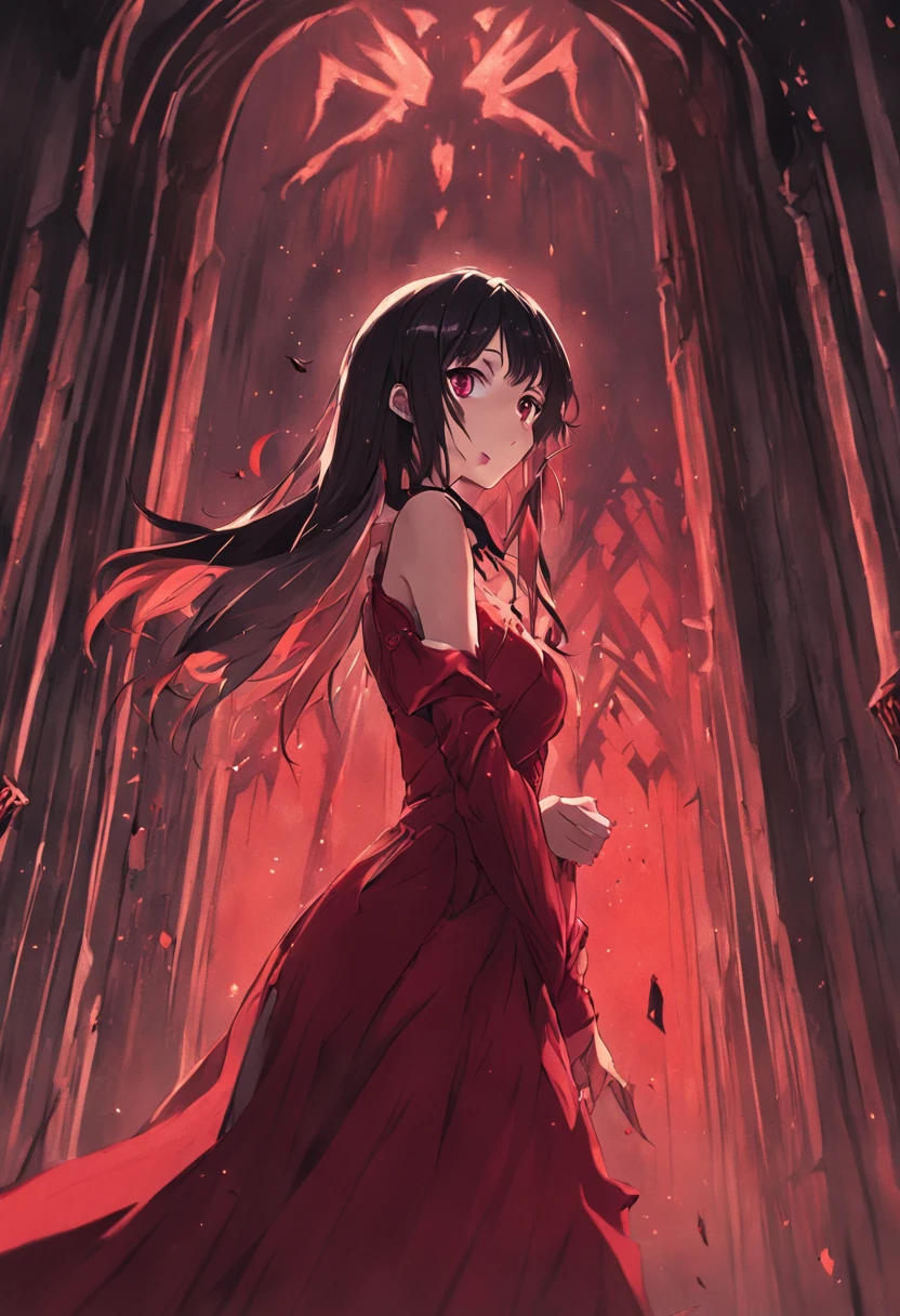 A masterpiece Dark long hair, Vampiress , wearing a Dark Red dress, Perfect Body, Perfect face, Perfect hands, Perfect, Legs, At a Medieval Castle, at night, detailed and Intrincicated, bioluminicense, HD
