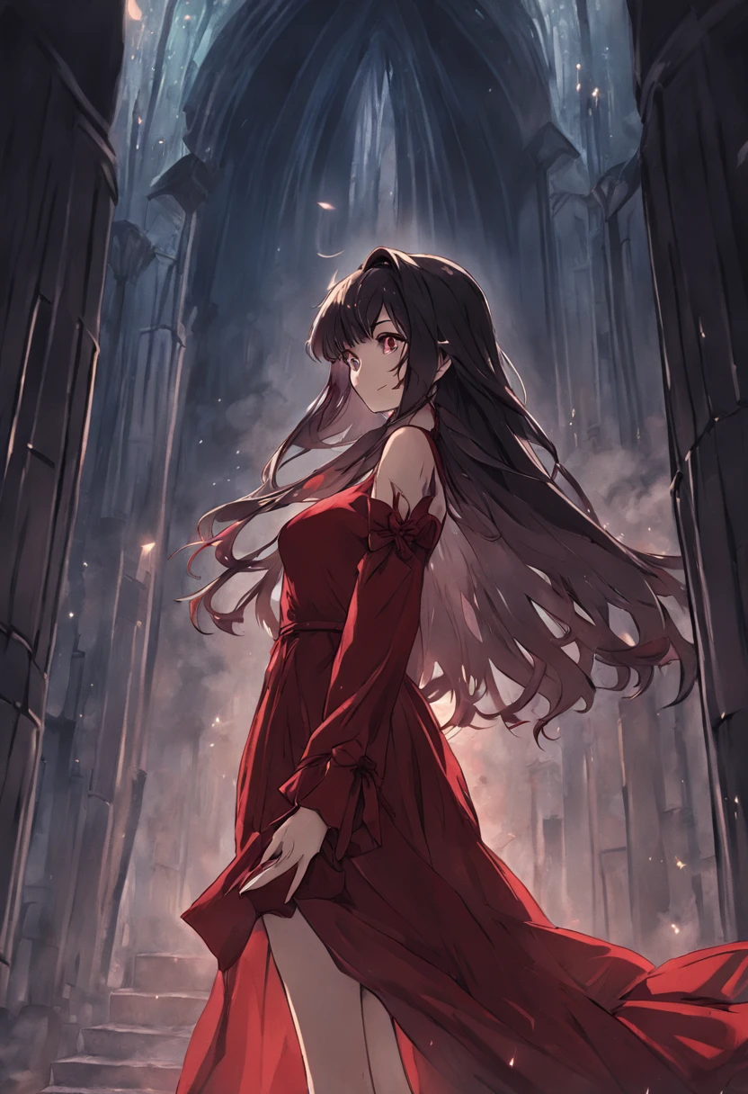 A masterpiece Dark long hair, Vampiress , wearing a Dark Red dress, Perfect Body, Perfect face, Perfect hands, Perfect, Legs, At a Medieval Castle, at night, detailed and Intrincicated, bioluminicense, HD