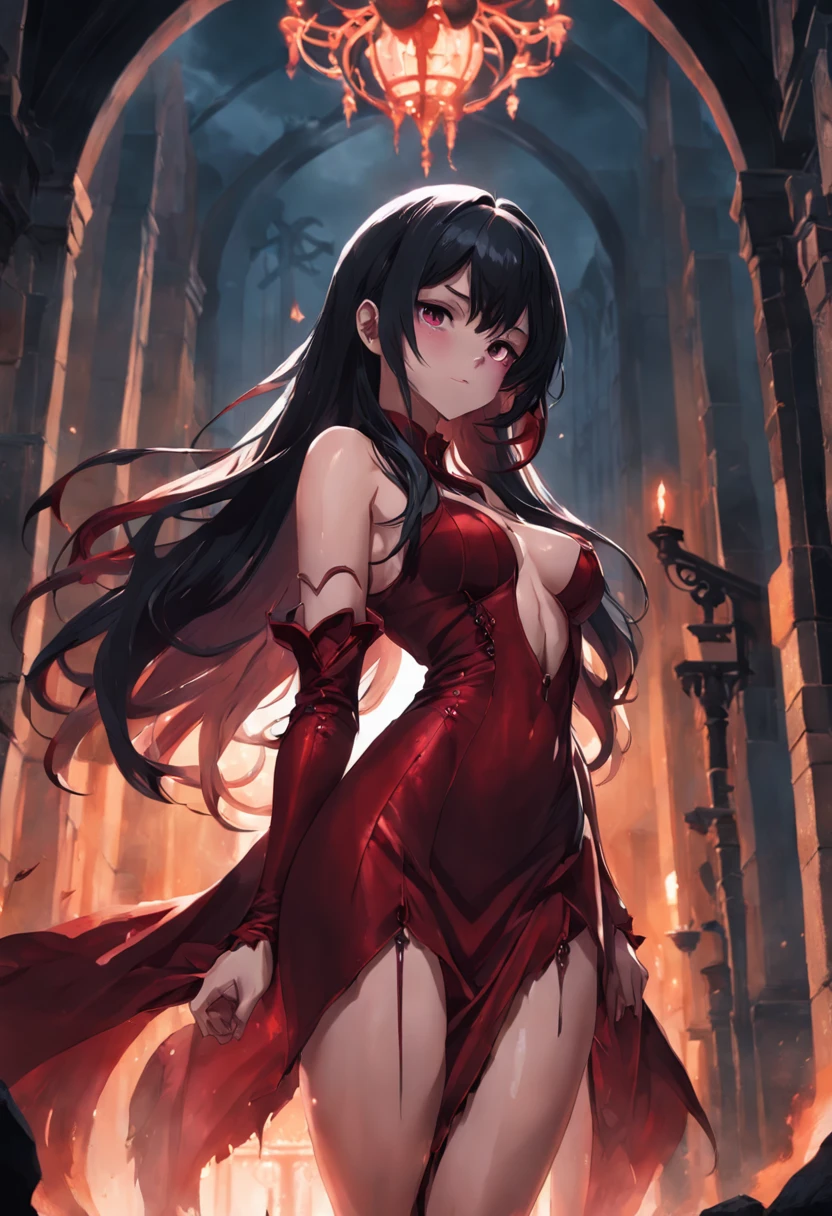 A masterpiece Dark long hair, Vampiress , wearing a Dark Red dress, Perfect Body, Perfect face, Perfect hands, Perfect, Legs, At a Medieval Castle, at night, detailed and Intrincicated, bioluminicense, HD