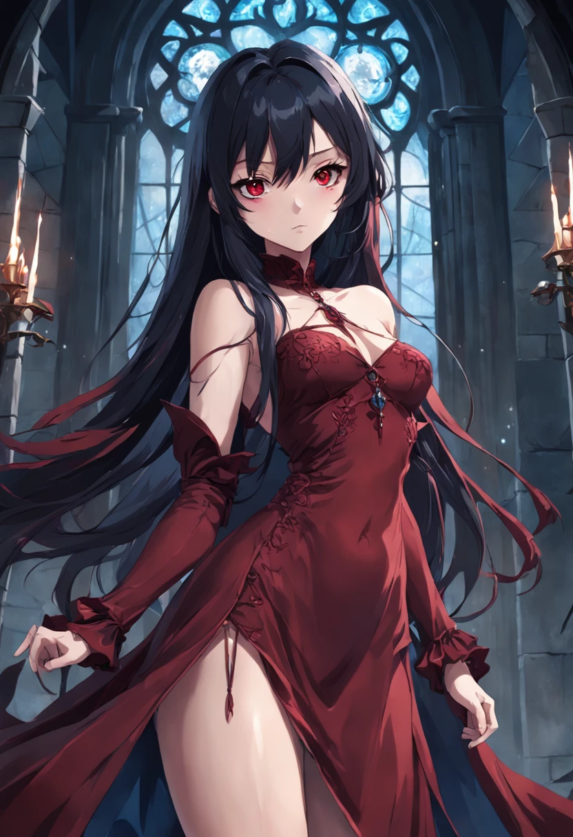 A masterpiece Dark long hair, Vampiress , wearing a Dark Red dress, Perfect Body, Perfect face, Perfect hands, Perfect, Legs, At a Medieval Castle, at night, detailed and Intrincicated, bioluminicense, HD