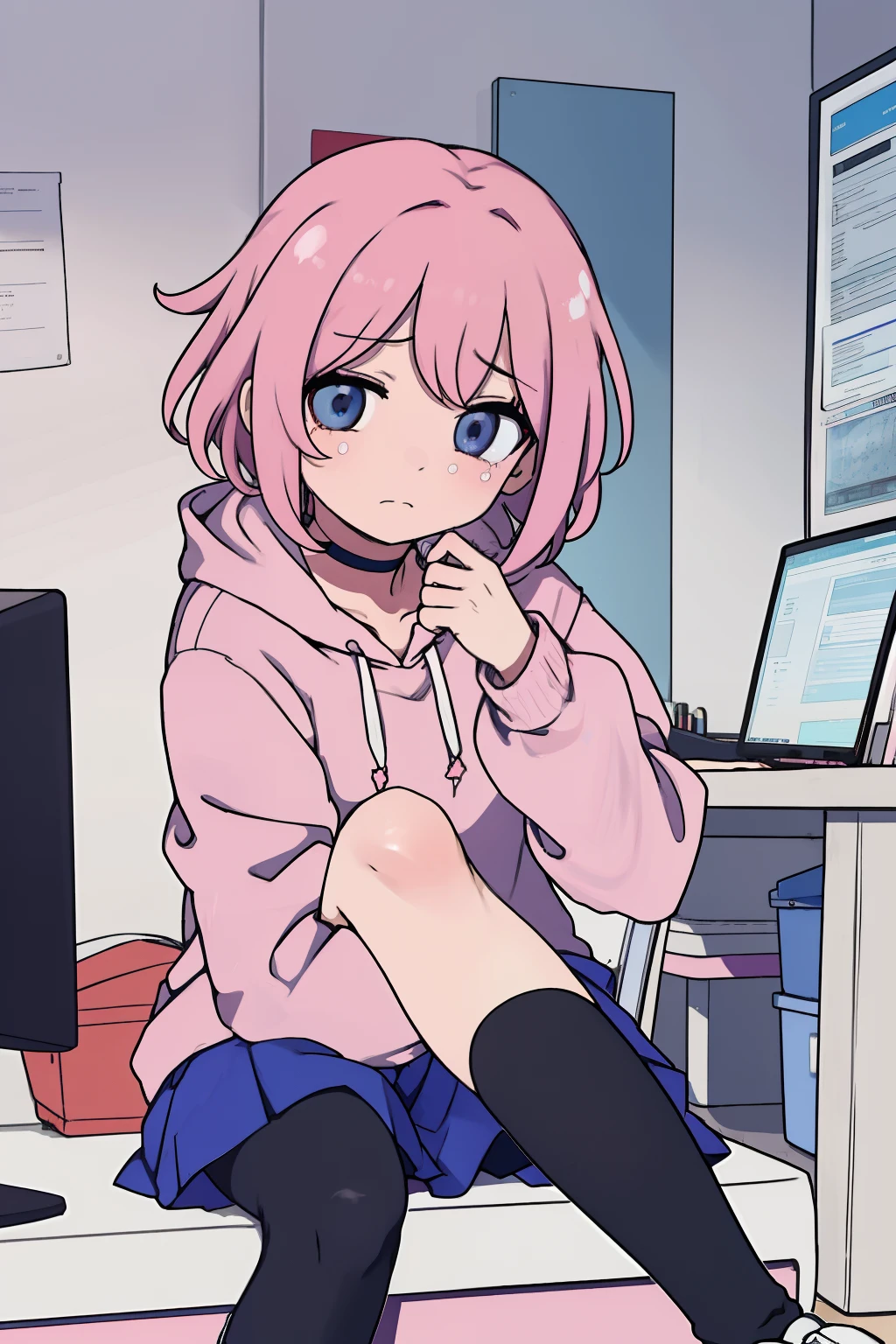 anime girl, short pink hair, bangs, pink hoodie, blue skirt, black legwear, choker, white shoes, indoors, using a computer, sitting, sad, cry, messy room