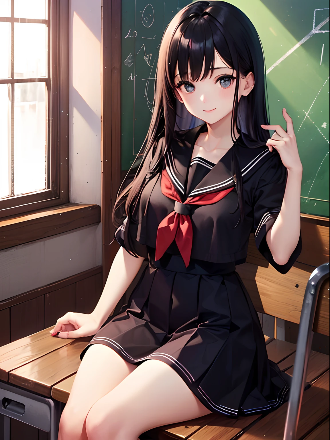 Create a cute tsundere with black hair, sexy tsundere face, pale skin, black school clothes, toned legs, legs thick