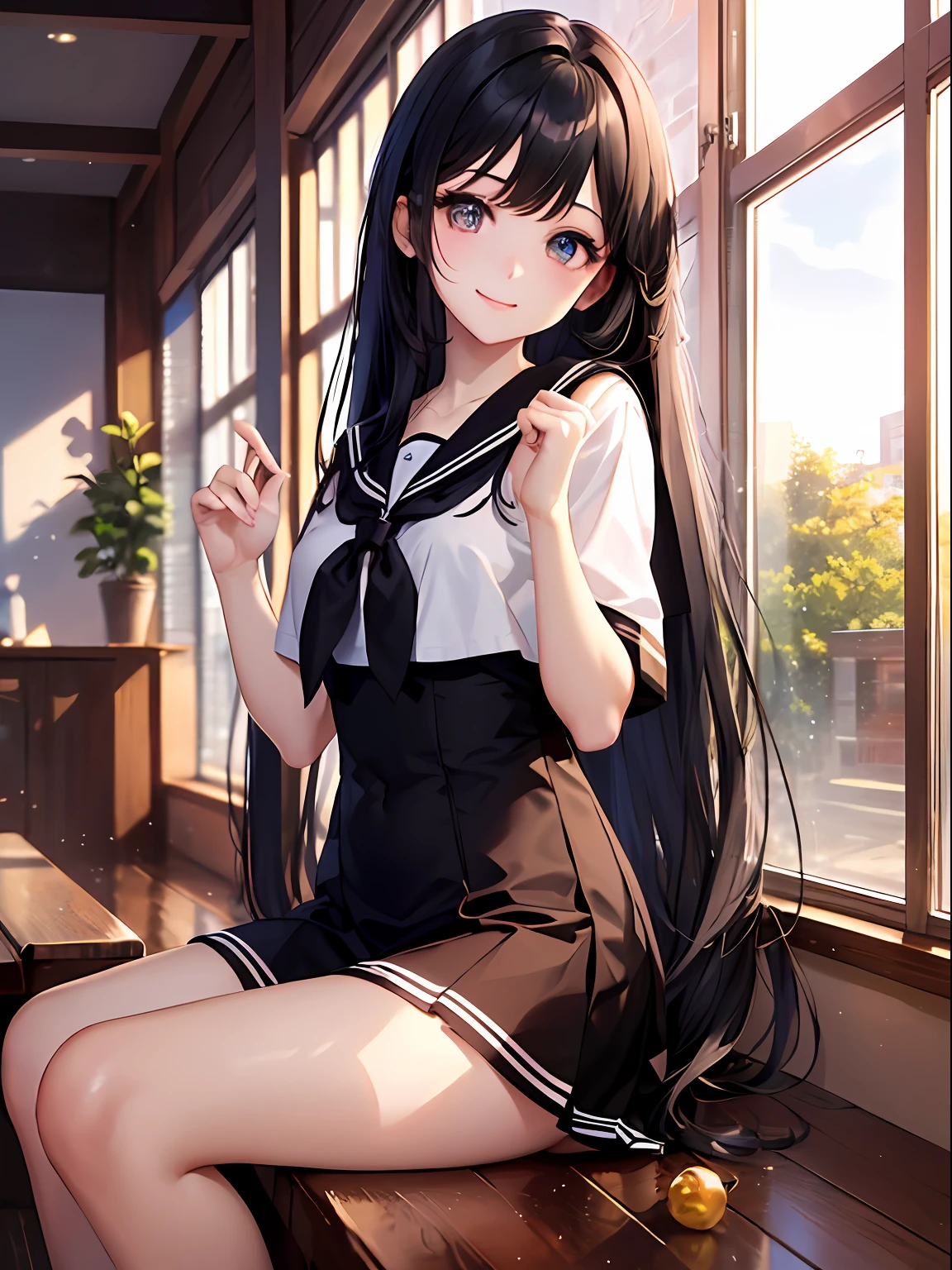 (masterpiece:1.2, top-quality), (realistic, photorealistic:1.4), beautiful illustration, (natural side lighting, movie lighting), nsfw, 
looking at viewer, face focus, upper body, 1 girl, japanese, high school girl, perfect face, cute and symmetrical face, shiny skin, 
(long hair:1.5, straight hair:1.4, dark purple hair), hair over one eye, dark purple, long eye lasher, (large breasts, seductive thighs, big ass), nipple hardening, slender, 
beautiful hair, beautiful face, beautiful detailed eyes, beautiful clavicle, beautiful body, beautiful chest, beautiful thigh, beautiful legs, beautiful fingers, 
((detailed cloth texture, short sleeves white collared shirts, navy pleated mini skirt), black tie), 
(beautiful scenery), evening, (school class room), school desk, school chair, window, curtains, blackboard, standing, (lovely smile, upper eyes), 