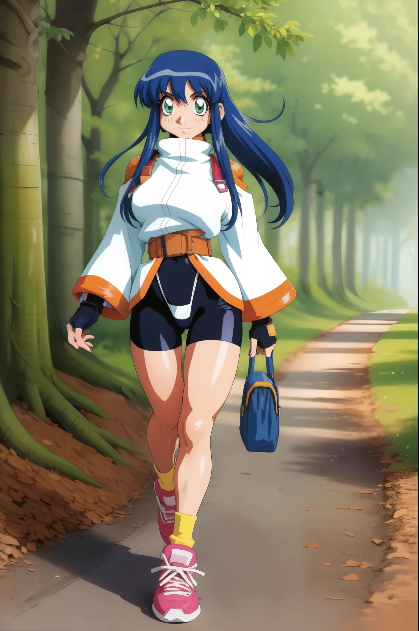 lime,spandex,green eyes,fingerless gloves,1990s (style),blue hair,retro artstyle,long hair,yellow bandana,bike shorts, full body, walking, forest