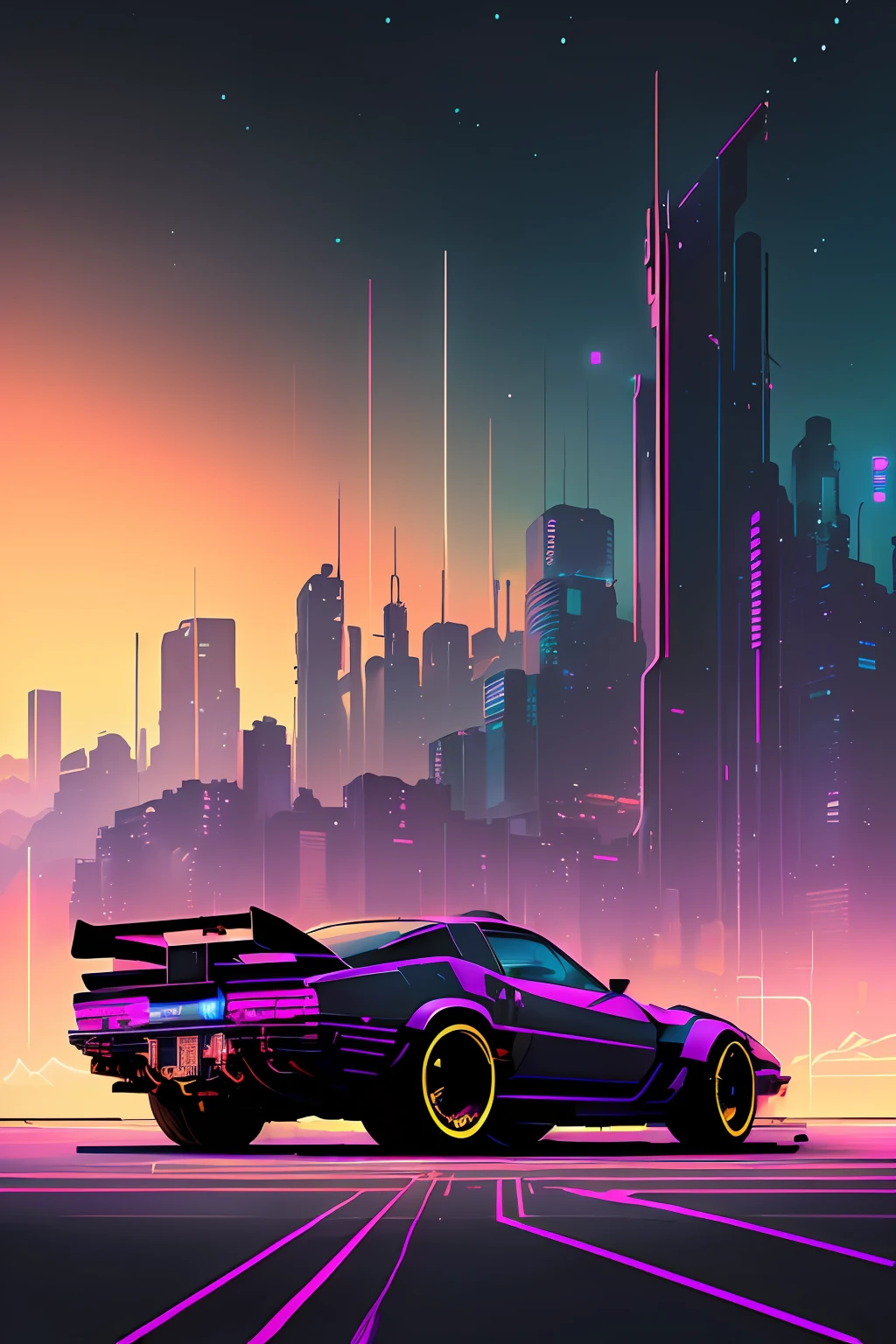 Arafed carro em uma cidade futurista com um fundo neon, art deco outrun anime aesthestic, estilo de arte cyberpunk, Retrowave Epic Art, masterpiece epic retrowave art, arte retrowave, Epic retrowave art, estilo de arte outrun, Retroonda negra, vibe cyberpunk, retro cyberpunk, Cidade Synthwave, papel de parede da paisagem cyberpunk, estilo de arte synthwave