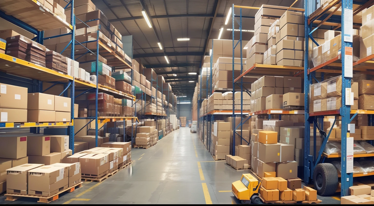 e-commerce, Large warehouse with large aisles with thousands of products stacked, many employees working on forklifts and people controlling inventories
