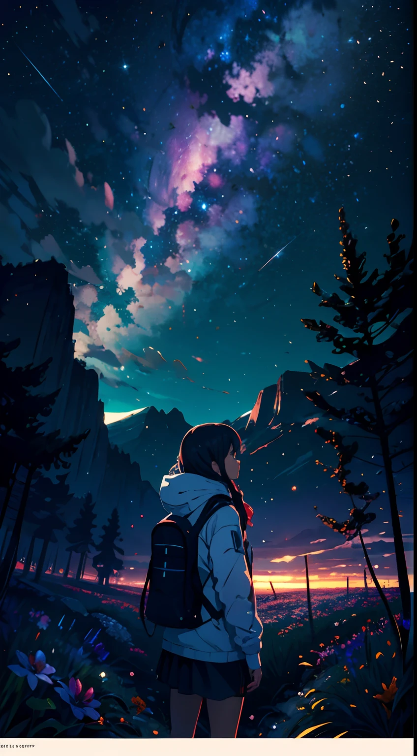 Vast landscape photos,(View from below with a view of the sky and the wilderness below),Cute girl standing in a flower field and looking up,Exquisite character details,(moon full:1.2),(meteors:0.9),(Starcloud:0.5),Far Mountain,Tree Break Production Art,(Warm light source:1.2),(glowworm:1.2),Brilliant fireworks,lamp lights,Purple and orange,intricate-detail,Volumetric Lighting BREAK(tmasterpiece:1.2), (top-quality),4K,Ultra-delicate,(Dynamic configuration:1.4),Highly detailed and colorful details(Irridescent color:1.2),(Sparkling lighting,Atmospheric lighting),dream magical,Magical,Perfect color matching,(独奏:1.2)
