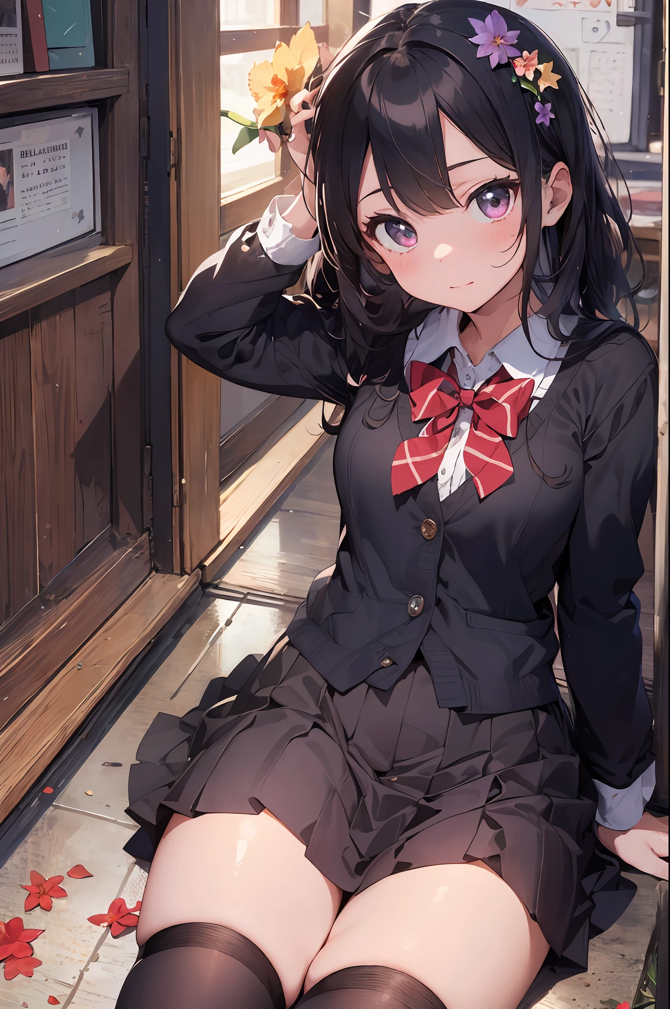 ((Masterpiece, Best quality)), 1girll, Beautiful detailed eyes, Ruby eyes, school uniform, Skirt, Vivid, flower, daffodil, Hyacinth, Falling petals, High black stockings