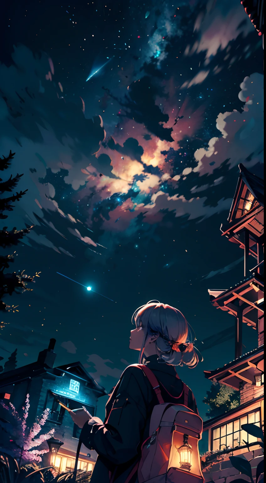 Vast landscape photos,(View from below with a view of the sky and the wilderness below),Cute girl standing in a flower field and looking up,Exquisite character details,(moon full:1.2),(meteors:0.9),(Starcloud:0.5),Far Mountain,Tree Break Production Art,(Warm light source:1.2),(glowworm:1.2),Brilliant fireworks,lamp lights,Purple and orange,intricate-detail,Volumetric Lighting BREAK(tmasterpiece:1.2), (top-quality),4K,Ultra-delicate,(Dynamic configuration:1.4),Highly detailed and colorful details(Irridescent color:1.2),(Sparkling lighting,Atmospheric lighting),dream magical,Magical,Perfect color matching,(独奏:1.2)