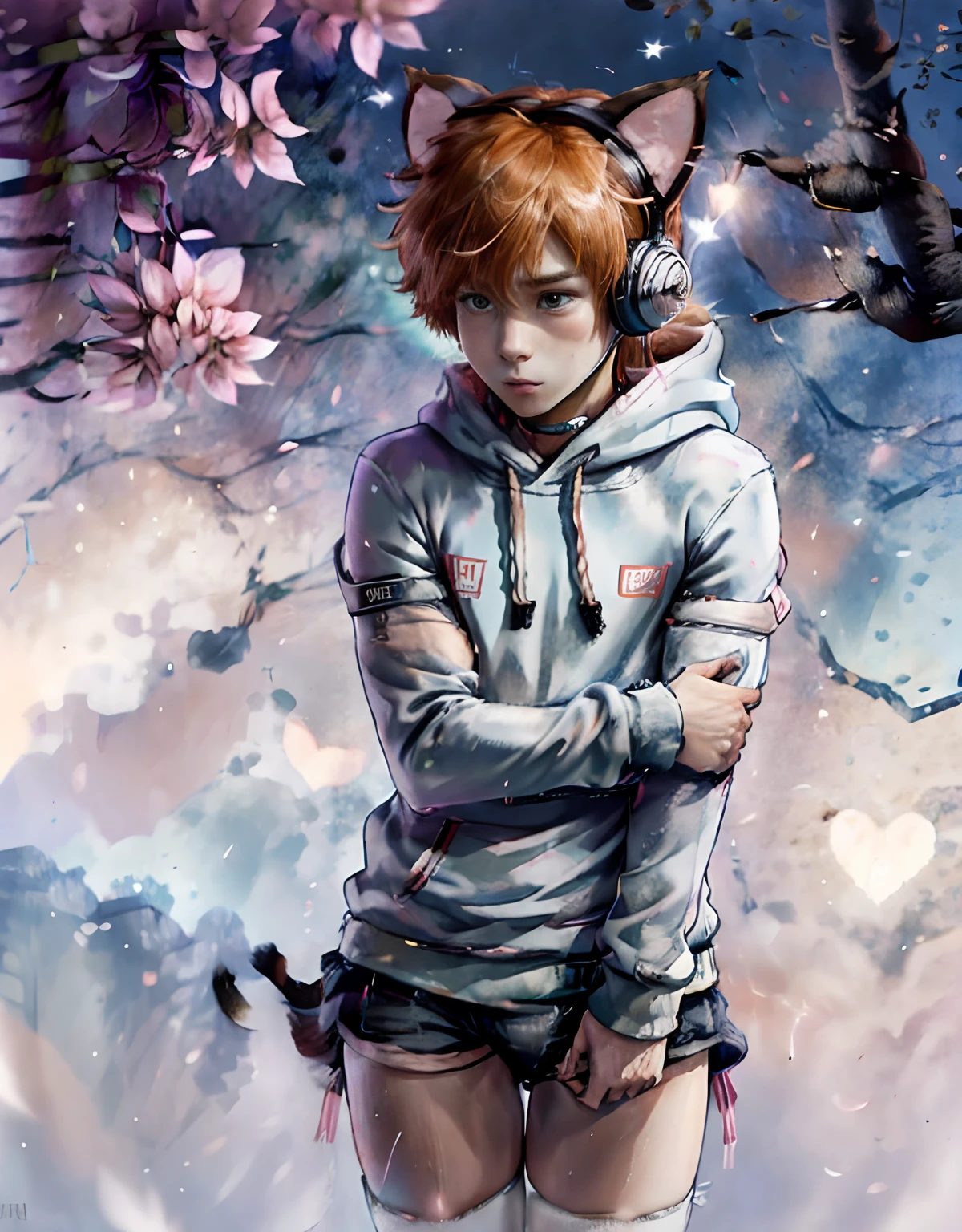 catboy , ginger, hoodie, lifting shirt, cute, headphones, underwear, silver efect, good lighting, shy