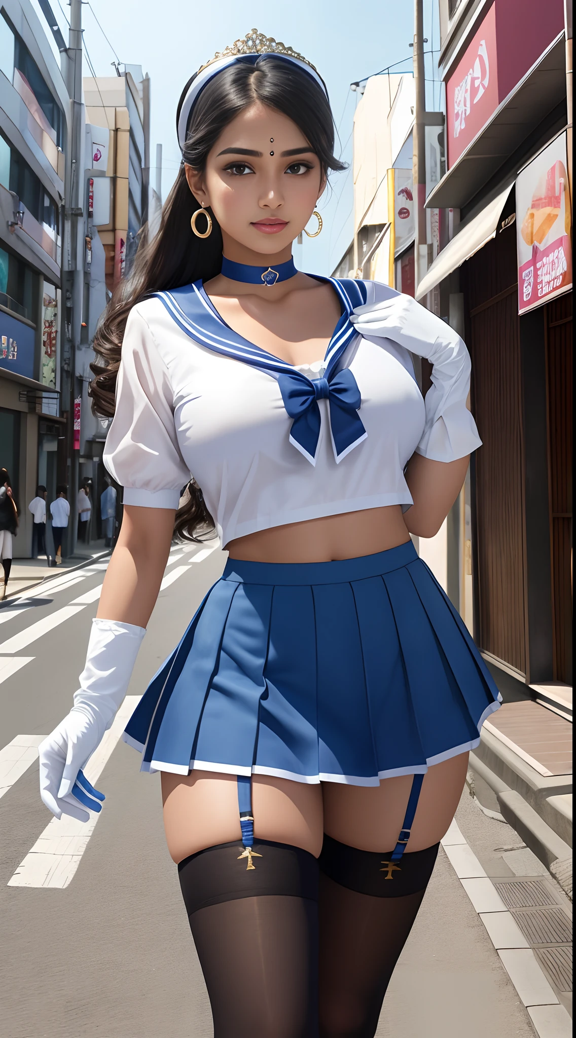 1girl, happy, smirk, Tokyo street, cityscape, city lights,day,.Flexing, 8k, RAW photo, best quality, masterpiece, realistic, photo-realistic, masterpiece, best quality, high-resolution, tiara,sailors uniform, random hair, stockings, blue sailor collar,bow,knee boots,choker,white gloves,blue choker,elbow gloves,jewelry,earrings,blueskirt, pull up skirt to show panty, panty, high resolution, highly detailed, hyper realistic, 8K, indian girl, 25 years old Indian girl, big breasts