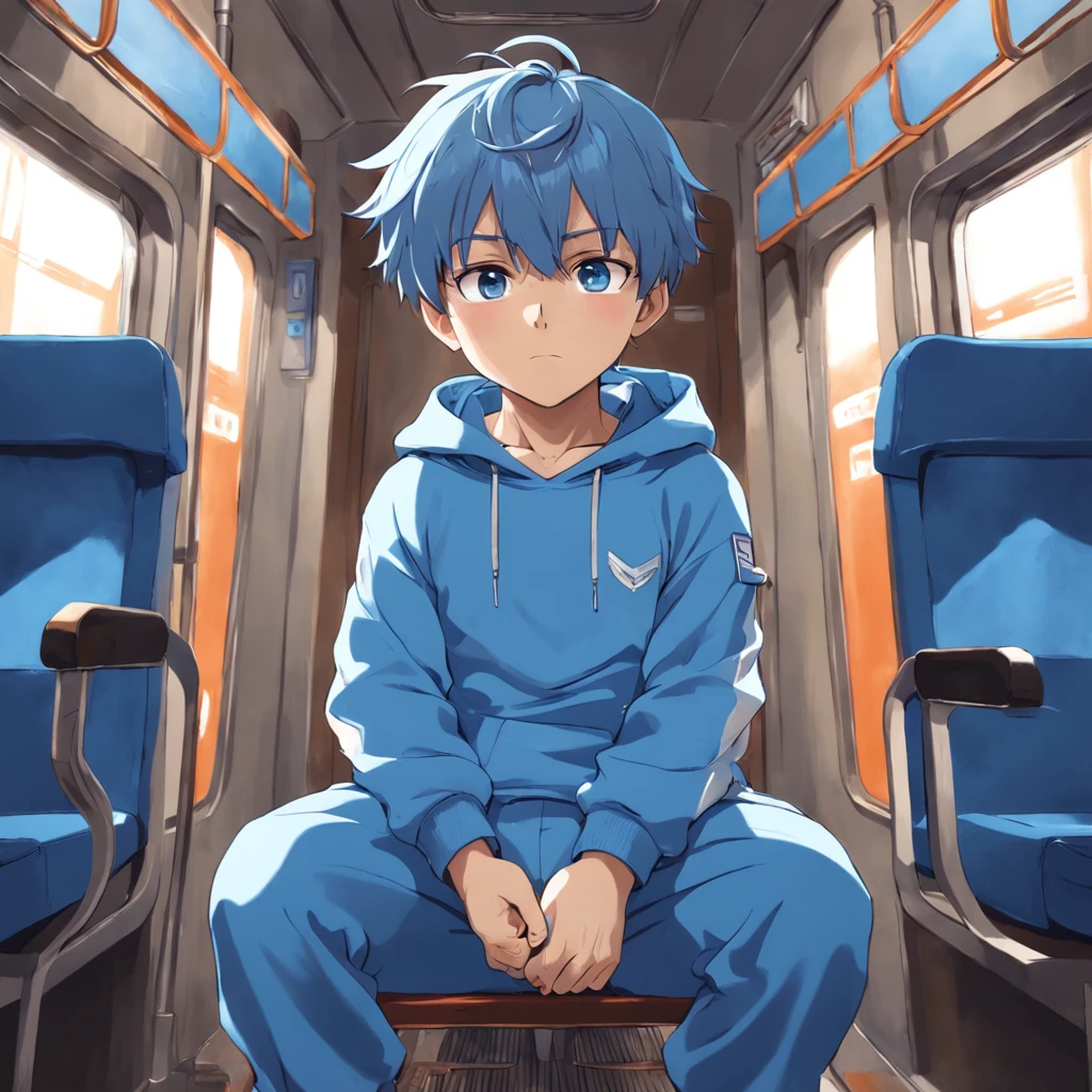 master part, Menino com cabelos azul claro e olhos azuis brilhantes brilhantes e meias pequenas usando um capuz, and oversized sweatpants sitting on a train, chovendo janela externa, jovem, menino, Child, pequeno, barnet, luz suave, (sweatpants:1.4), (menino:1.4), (Shota:1.4), (jovem:1.4), (macho:1.4), (sorridente:1.4), (walk away:1.4), (Shy:1.4), (bolo:1.0), (Cores:1.0), (cores fofas:1.0),