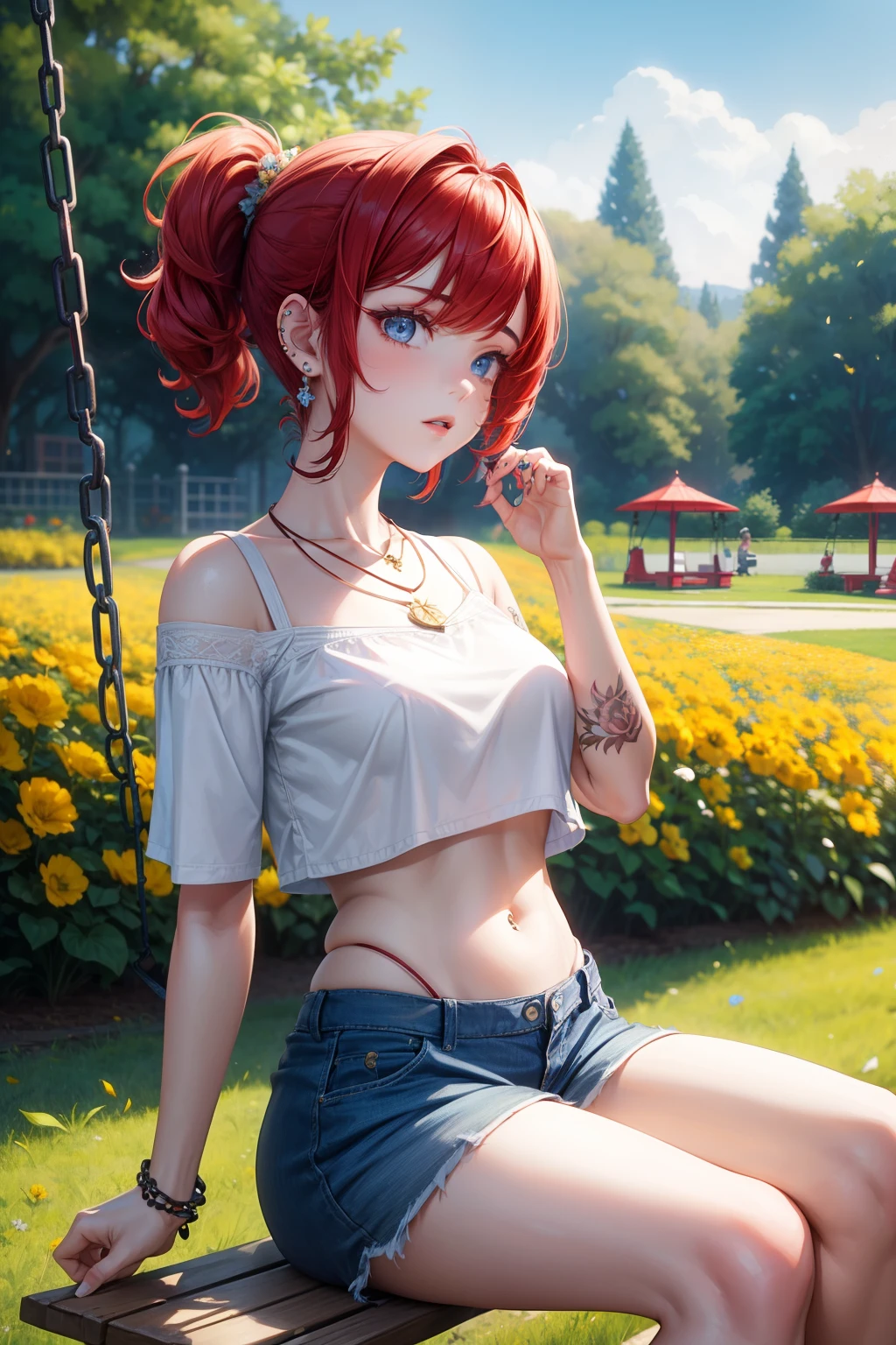 
(large breasts 1.4), beautiful elf woman, ((Short Red Hair: 1.6, straight with shine)), bright blue eyes, bright eyes, double eyelids, light effect on eyes, detailed irises, sexy, curvy body, glasses,(( white tight tee shirt, choker, tiny denim shorts, black high heels, black silk stockings,)) ((stylish cropped top details, micro denim shorts, edgy sexy, sensual, Beautiful and cool, shorts)),  ((Thick Thighs, Perfect butt, Ample Breast)) ((work of art, hyper-realistic, hyper detailed, Best quality, 16k, light and shadow on skin, vivid colors), eyeliner, Thin eyebrows, Sensual expression, perfect lips, sexy mature face, ((skin with light and shadow) flirting seductively with the viewer, lots of freckles, full lips, extreme blush, smile, ((squatting on grass)), daytime, noon, rays of light, masterpiece, ((Hands resting on top of chest, biting lower lip)) ((Side View)),
