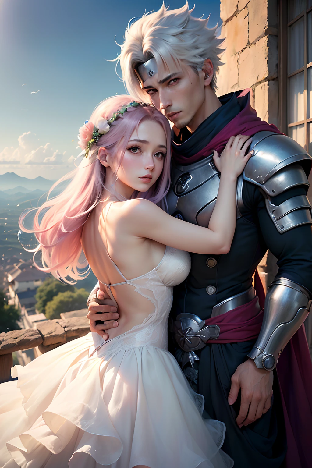 ((melhor qualidade)), ((obra-prima)), (detalhado), succSakura Harunos, ethereal beauty, cabelos longos de vestido junto com Kakashi Hatake, casal apaixonado, (Fantasy Illustration: 1.3), olhar encantador, pose cativante, Kakashi Hatake, Sakura Haruno, casal apaixonado, charme encantador, (Luis Royo:1.2), (Yoshitaka Amano:1.1), noite de luar, cores suaves, (paisagem de nuvens detalhada:1.3), (alta resolução:1.2)