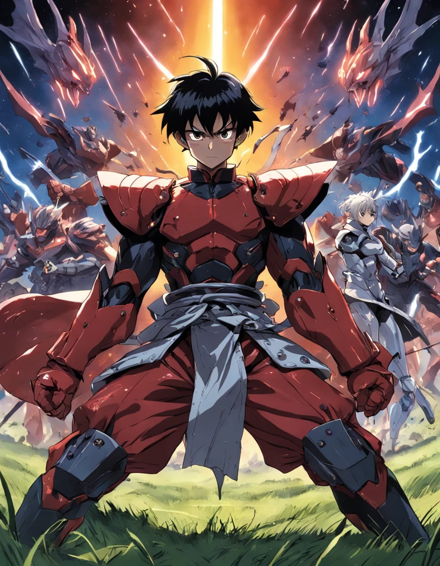 Humano em uma pose frontal em um campo de batalha, casaco preto, feito por Akira Toriyama