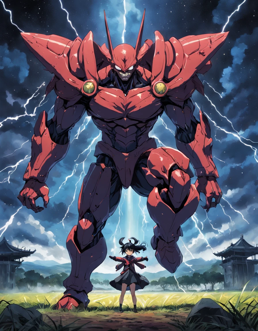 Humano em uma pose frontal em um campo de batalha, casaco preto, feito por Akira Toriyama