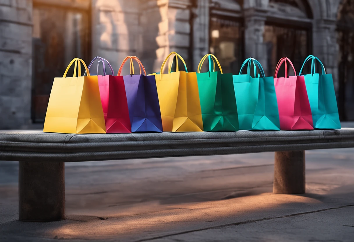 Showcase with a bunch of colorful eco-friendly bags