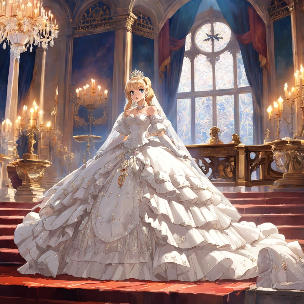 Best quality, Masterpiece, a stunningly beautiful Greer Grammer as a royal bride wearing a stately and elaborate royal wedding dress of white satin and tulle adorned with huge ribbon bows, lace, frills, flounces, embroidery and jewels, with enormous puffed sleeves, an hourglass waist and a voluminous crinoline hoopskirt, bustle, and train, long white gloves, pearl necklace and earrings, elaborately curled and styled hair