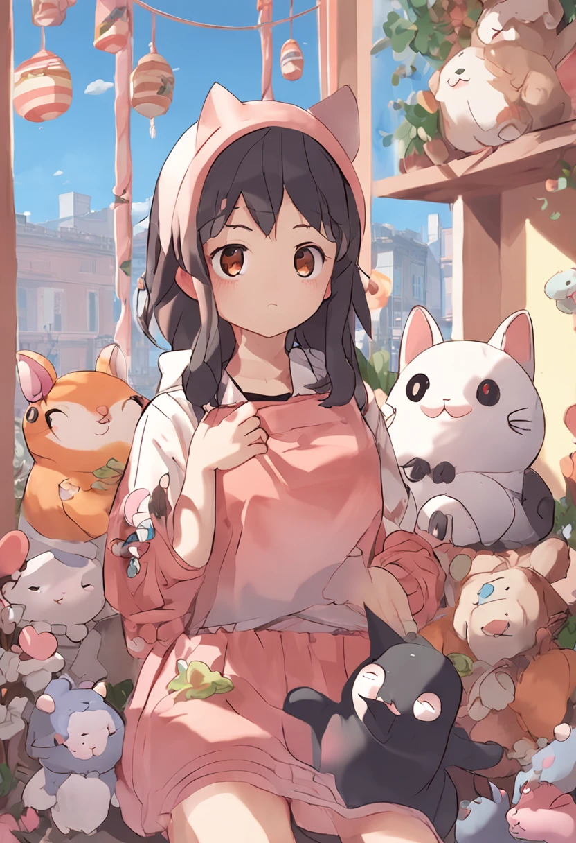 Anime girl with lots of stuffed animals and a cat, Lindo arte digital detallado, por Ryan Yee, Lindo estilo de arte, Adorable pintura digital, Lindo arte digital, lindas ilustraciones detalladas, digital anime illustration, 3D render arte oficial, Arte oficial de alto detalle, official illustration of the character, Anime estilizado, Kawaii HQ render, Estilo de arte pokemon, lindas ilustraciones, fanart detallado
