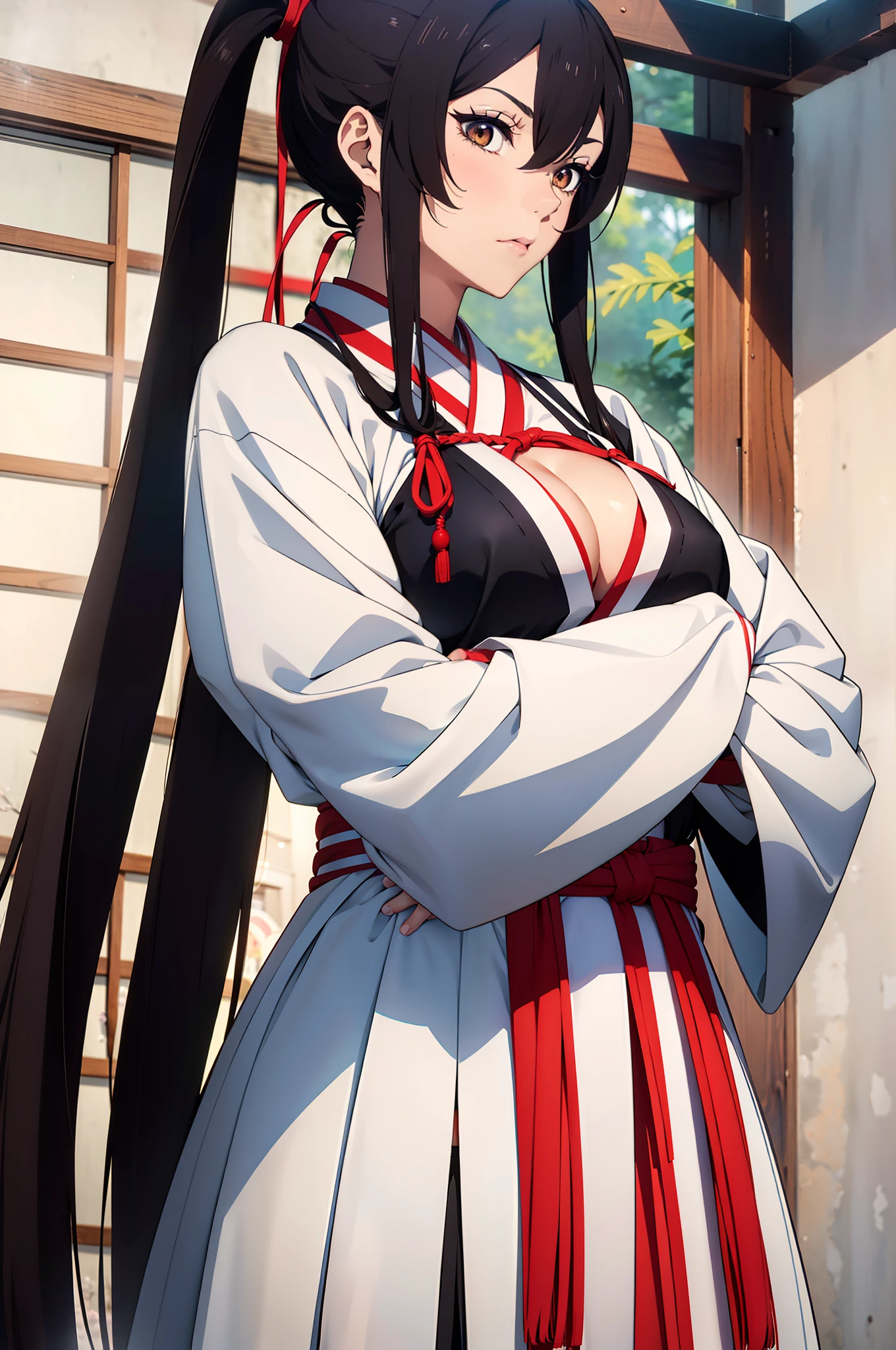 （tmasterpiece）， （best qualtiy）， （the detail： 1.4） asaemon_sagiri， 1girll， 独奏， Long_Hair， ???? pose with katana， Katana Japan， White kimono with open ???????，wet cloths， Open ?????????， ??????? out， rough breath， Looking_at_peeping at the viewer， black_Hair， brown_Eyes， The upper part of the body_Body， pony tails， Sideburns， Japanese_clothes， komono，， High_pony tails， black haori， Beds，slim toned body