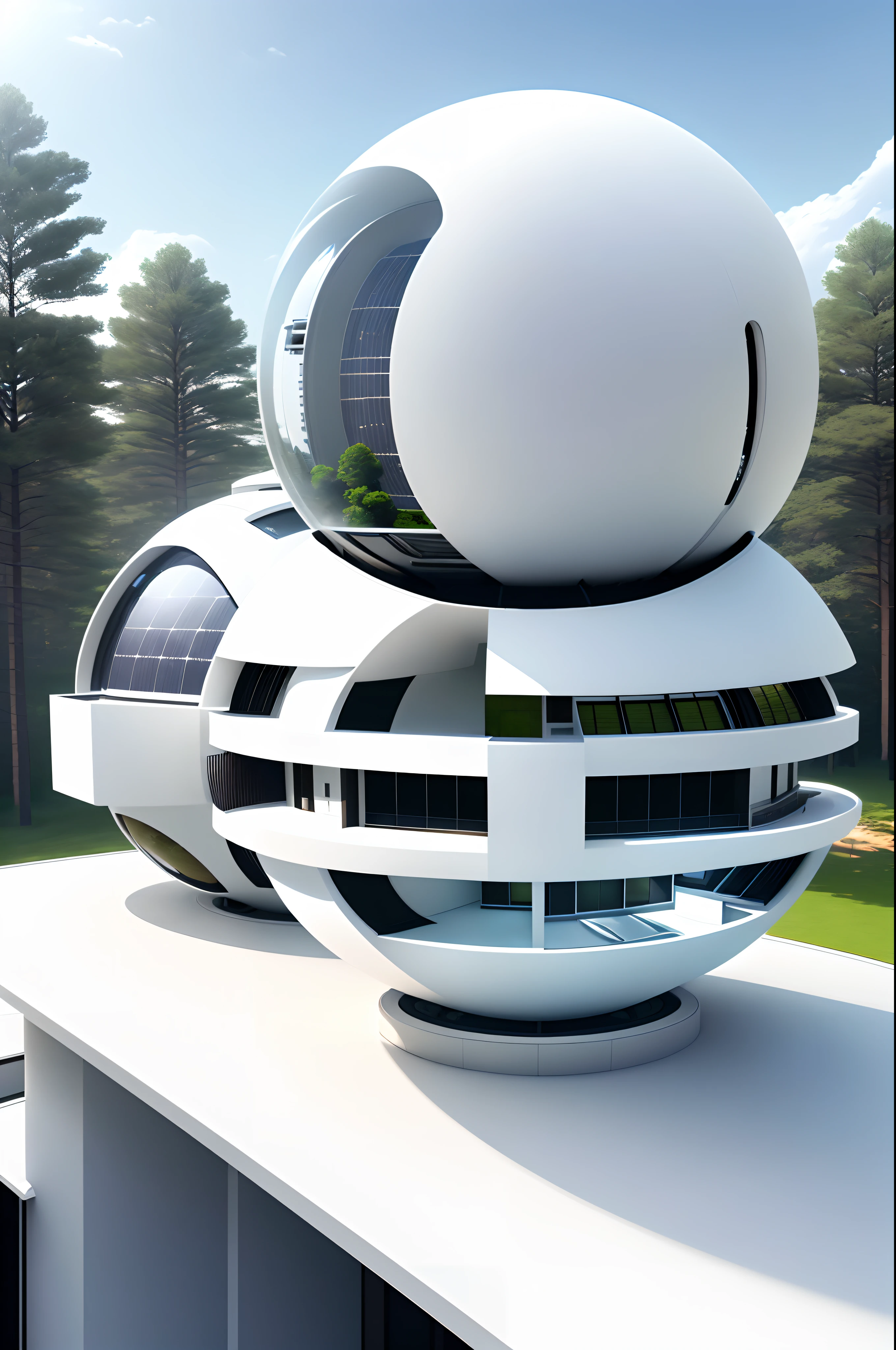 semi-spherical exterior home,  modern architectural design, more forms and functions, new scientific home, high solar energy technology,  white color and metallic, forest, daylight, sky, white cloud, realistic, photorealistic, futuristic, 8K, masterpiece, best quality, high resolution, extremely full detailed,