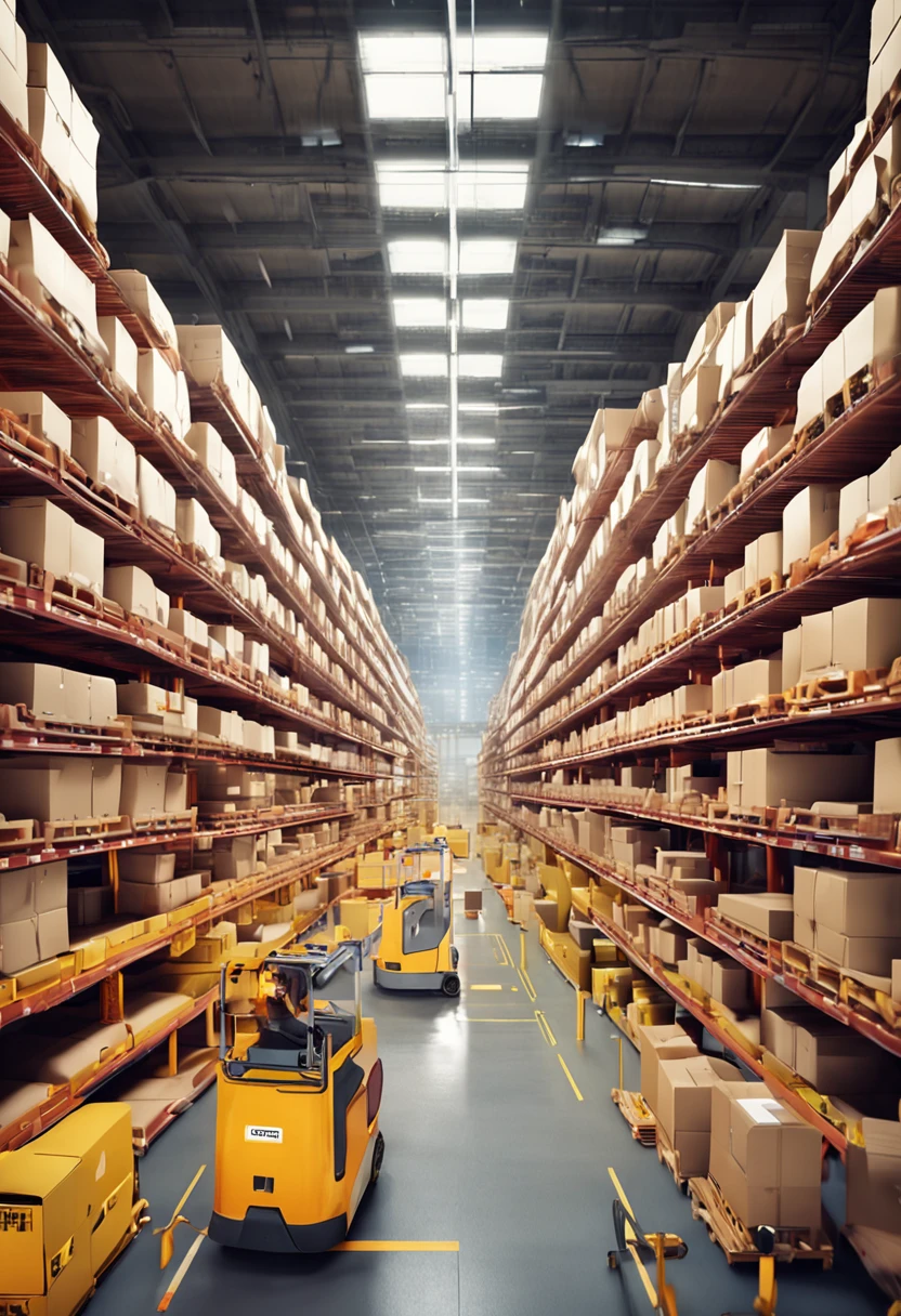 e-commerce, Large warehouse with large aisles with thousands of products stacked, many forklift robots and people controlling stocks