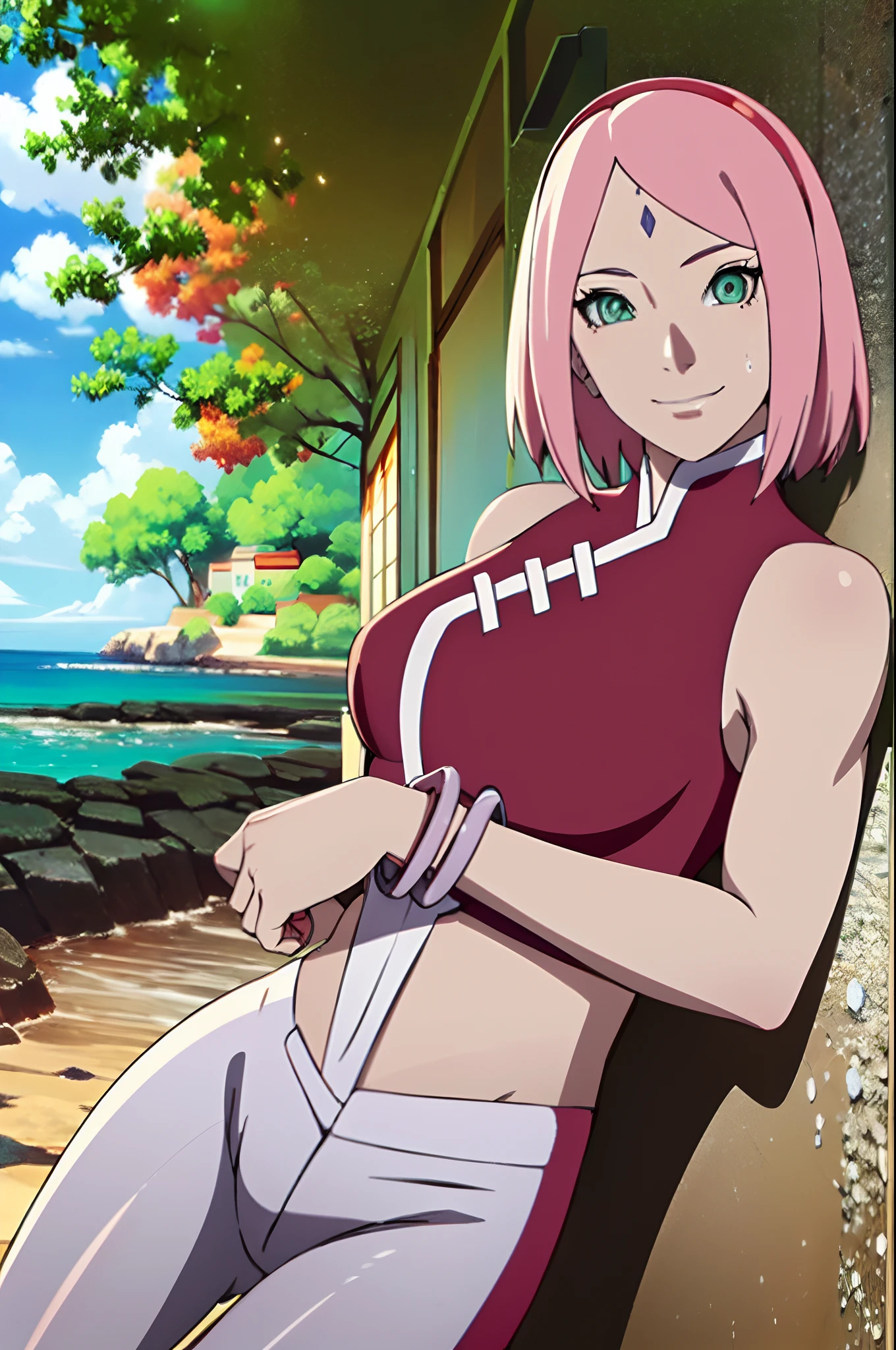masterpiece, 1k, portrait, face shot, professional artwork, detailed beach background, intricate details, colorful, digital blending, ultra detailed body, ultra detail hair, ultra detail face, trending on pixiv, kind smile, very hot color, best quality, anime style: 1.9, 1girl, hires, haruno sakura, contrasty lighting, (forehead mark, milf, red hairband, pale skin, short hair, ((red sleeveless dress), white pants), navel, groin, bracelet, looking at viewer, crossed arms, pink hair, green eyes, smile, beach, wind, floating hair, detailed arms, off-shoulders, slightly muscular arms, standing), sunnyday