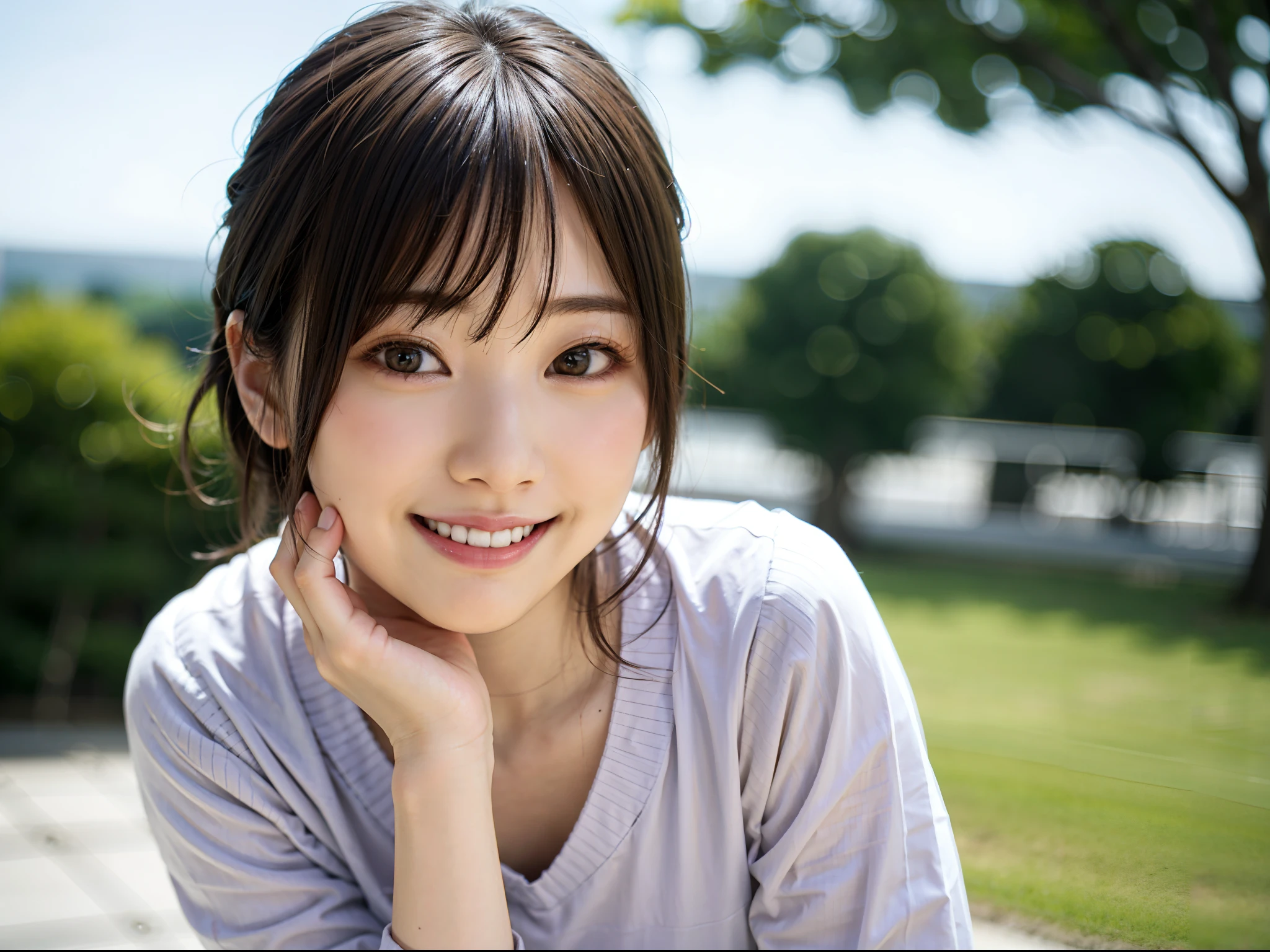 Japanese ),((beautiful girl)),cleavage,An expression that imagines something pleasant:1.2,(perfect body beauty:1.2),((perfect body)),(shy smile),beautiful teeth,