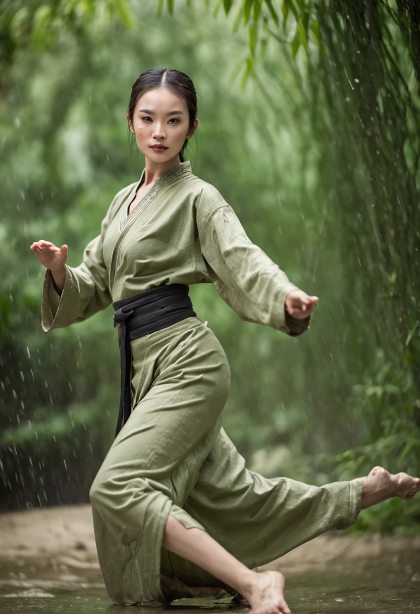 1 young girl, kung fu, green bamboo forest, surrounded by rain, illustration style, motion blur, openend robe, breasts, cleavage, long exposure fullbody, exquisite facial features, Chinese styleink style, martial arts style, selective focus, panorama, (Bokeh:1.5)