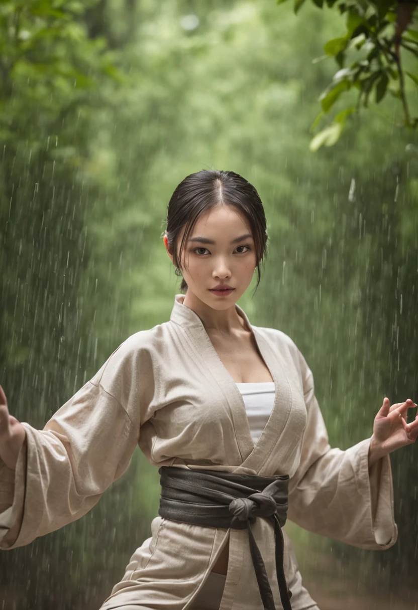 1 young girl, kung fu, green bamboo forest, surrounded by rain, illustration style, motion blur, openend robe, breasts, cleavage, long exposure fullbody, exquisite facial features, Chinese styleink style, martial arts style, selective focus, panorama, (Bokeh:1.5)