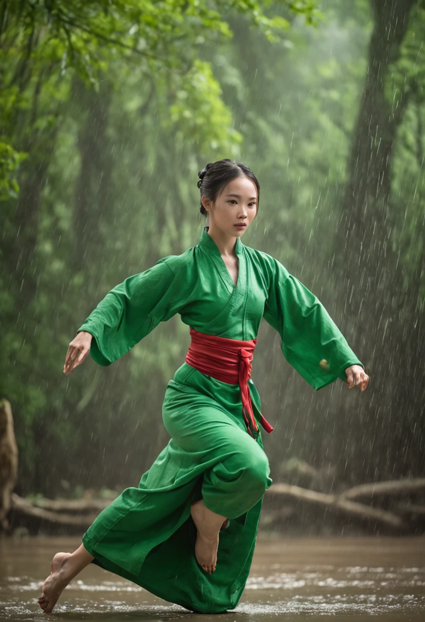 1 young girl, kung fu, green bamboo forest, surrounded by rain, illustration style, motion blur, openend robe, breasts, cleavage, long exposure fullbody, exquisite facial features, Chinese styleink style, martial arts style, selective focus, panorama, (Bokeh:1.5)
