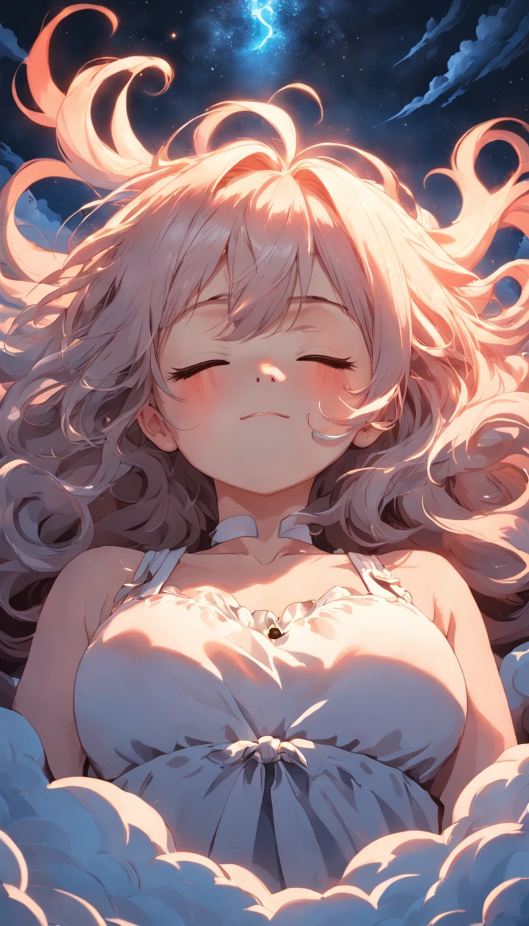 masterpiece, Highest Quality, MovieSteel, 1Ladies, Cloud Lady, Floating in the sky, close-up, brightness, happiness, Warm and soft lighting, sunset, Sleeping, Sleep on your stomach, sleep, eyes closed, fatigue. (sparks:0.7)