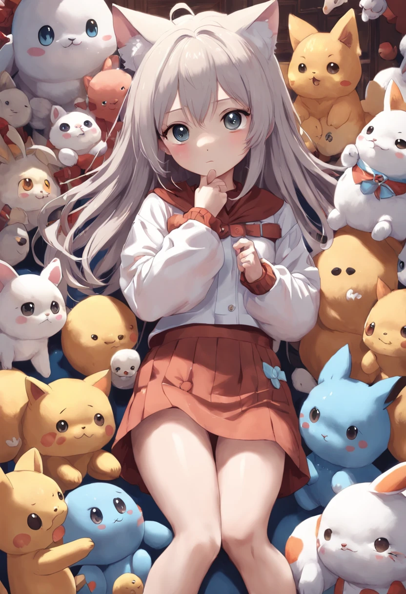 Anime girl with lots of stuffed animals and a cat, Lindo arte digital detallado, por Ryan Yee, Lindo estilo de arte, Adorable pintura digital, Lindo arte digital, lindas ilustraciones detalladas, digital anime illustration, 3D render arte oficial, Arte oficial de alto detalle, official illustration of the character, Anime estilizado, Kawaii HQ render, Estilo de arte pokemon, lindas ilustraciones, fanart detallado