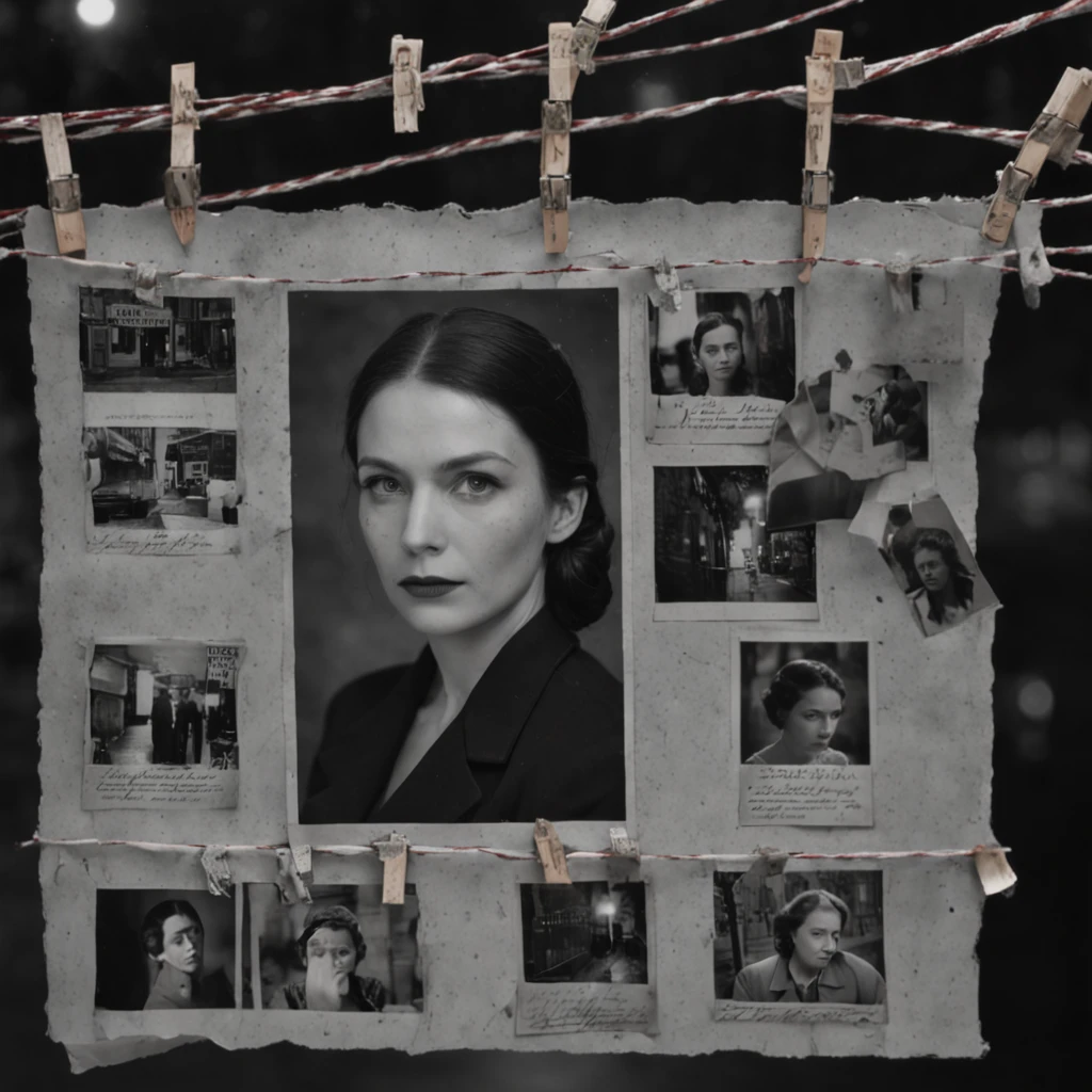 An image set in a dimly lit, rain-soaked city street, with flickering streetlights casting eerie glows. The scene shows a series of black and white photographs of women, each with a haunting expression, pinned to a bulletin board. Red strings connect the photographs, forming a complex web of connections. A detective stands before the board, deep in thought, surrounded by newspaper clippings and notes. The image evokes a sense of intrigue and tension, hinting at a mysterious string of female murders waiting to be unraveled