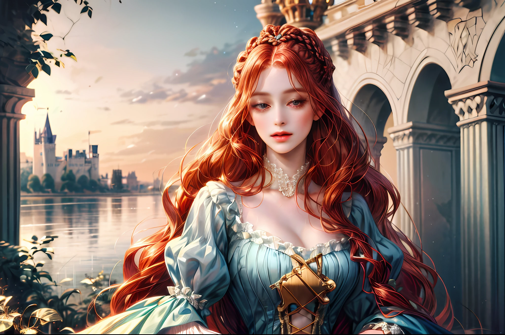 (absurdres, highres, ultra detailed), 1girl, solo, mature, Baroque, long flowered dress, long sleeve, elegant, colorful, highest detailed, upper body , red hair with victorian hairstyle,  beautiful castle garden as background