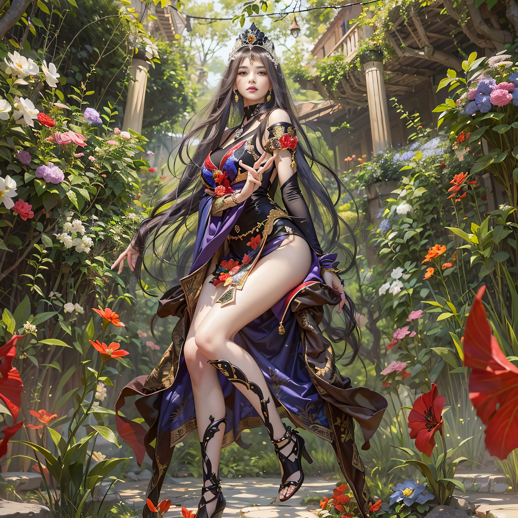 garden,On the grass,an oriental girl,long hair shawl,Miansha on the face,Big breasts,earrings,Wearing an ancient Han Dynasty mini lace skirt,Chest gemstone jewelry,坐在On the grass,