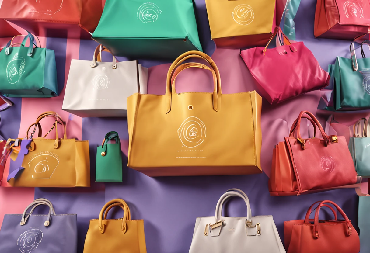 Showcase with a bunch of colorful eco-friendly bags