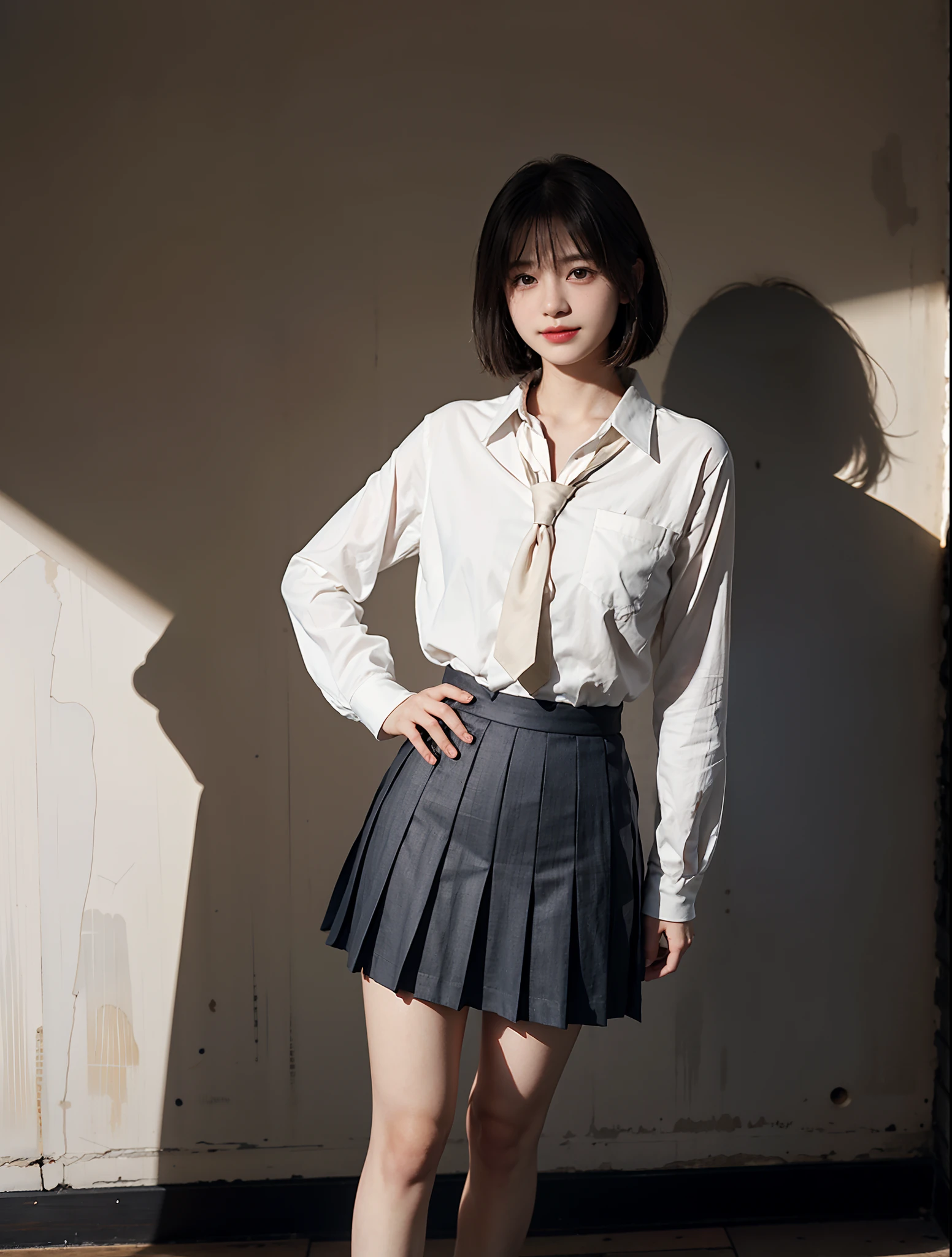 absurderes, Raw photo, Highest Quality,(masutepiece:1.3), 3 D,high-definition RAW color photography, professional photograpy, the Extremely Detailed CG Unity 8K Wallpapers, hight resolution, （Photorealsitic:1.37）, extreme light and shadows、Best Quality,Looking at Viewer, （(A detailed face)）、A detailed eye 、Detailed limbs, (one japanese woman), 、（(独奏)）、kawaii、big eye、Round face、a small face、A smile:1.2,, Perfect Anatomy, (Light brown bob cut)、(student clothes、neck tie、Pleated Micro Mini Skirt), White High Socks、Shoes are loafers, （(Hands on hips)）、The background is an inorganic wall, depth of fields, Standing Pose、（(Photo above the knee)）