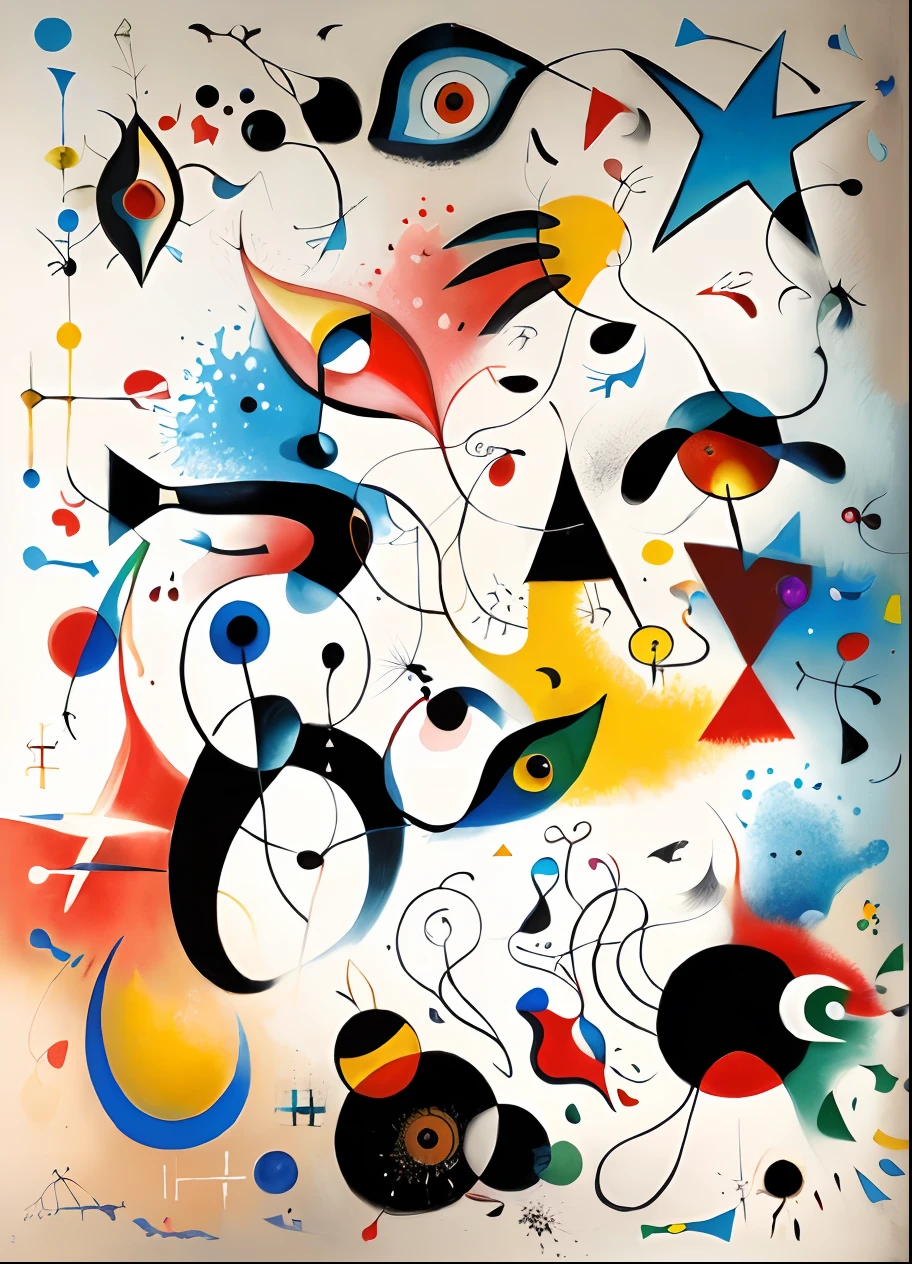 a painting of a group of birds and birds on a brown background, AO ESTILO DE JOAN MIRO, Directed by: Joan Miro, inspirado em Joan Miro, inspired by Joan Miro, Directed by: Joan Miro, juan miro, no estilo de jackson pollock, Miro, arte moderna, Estilo Kandinsky, pintura detalhada", Surrealista abstrato, Obra-prima do surrealismo abstrato, Vasily Kandinsky