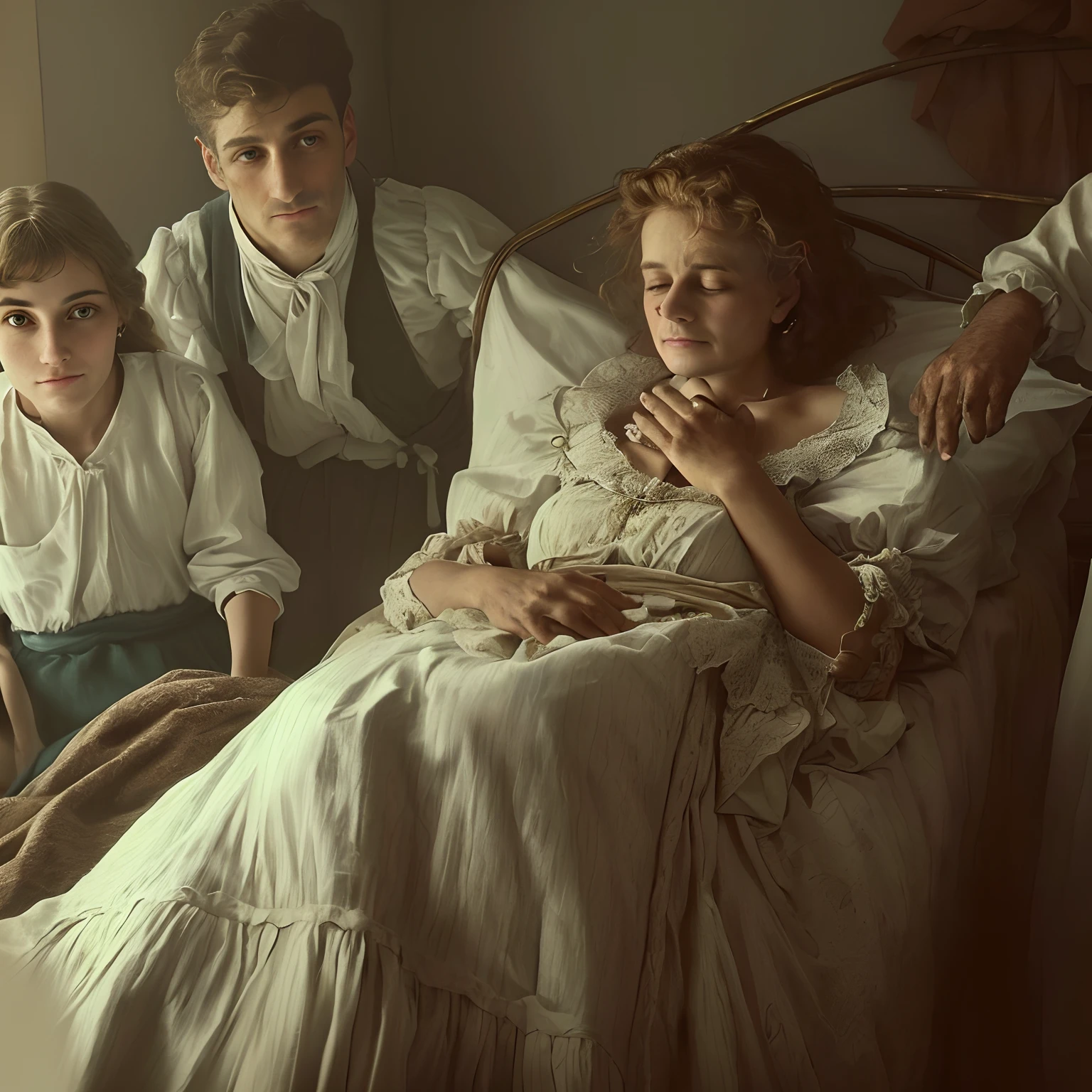 There are three people in a bed with a woman in a dress, Em 1888, in Italy, uma mulher de 30 anos morre em sua cama, com tuberculose, AO seu redor, The husband and children are very sad, Realistic photo with the colors and clothes of the time, detalhada, cinematic, detalhes perfeitos, Perfect faces and hands,