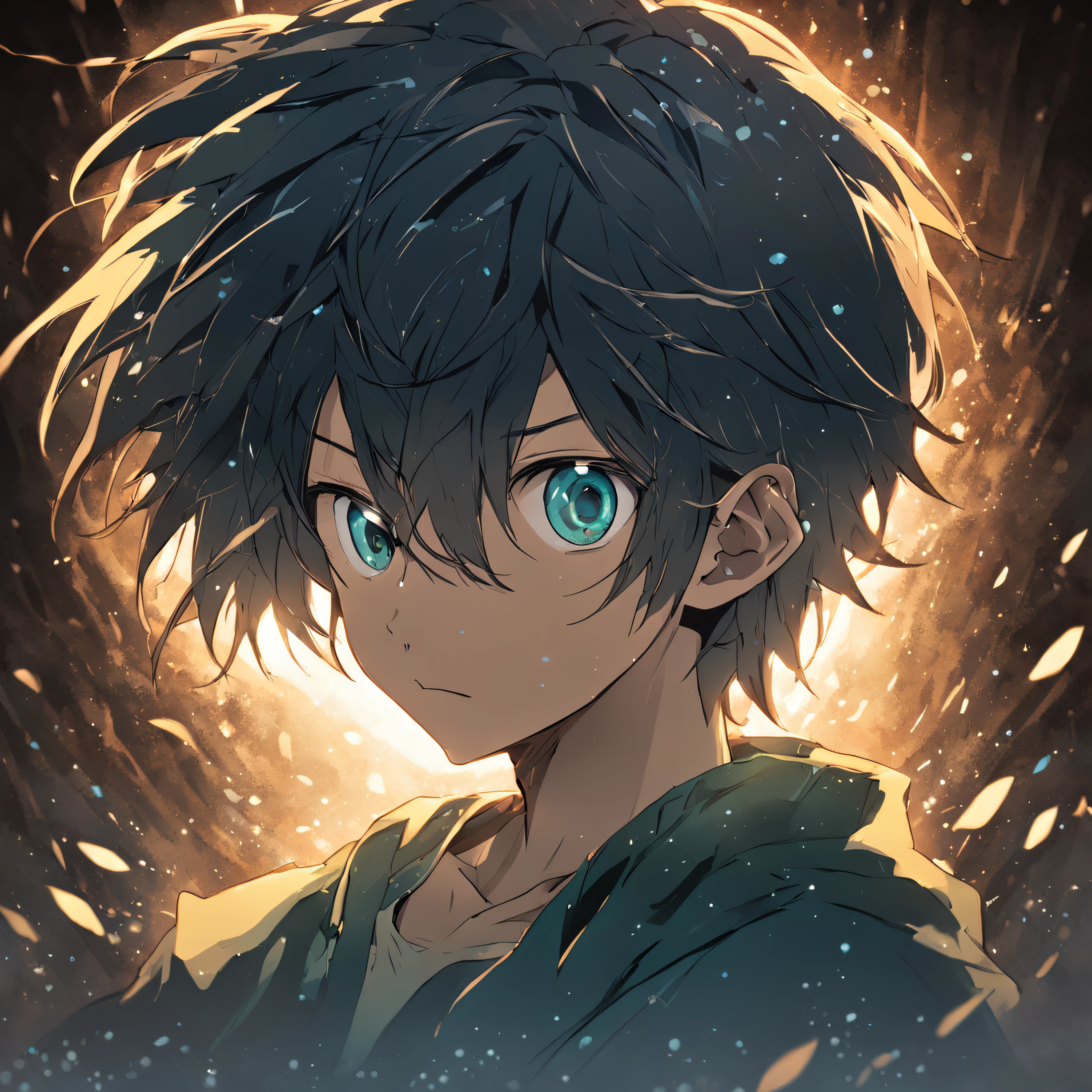 (fundo azul:1.4),(Silhouette of a boy's head, olhos abertos, olhos verdes brilhantes, cabelos longos duas cores, cabelo preto e marrom escuro, Elementos Orientais),(Japanese illustration:1.3,Artes visuais:1.3, arte em estilo anime:1.2),( Reasonable design, linhas claras, Alta nitidez,best quality, Very detailed, master part, Efeito de luz do filme, 4k )