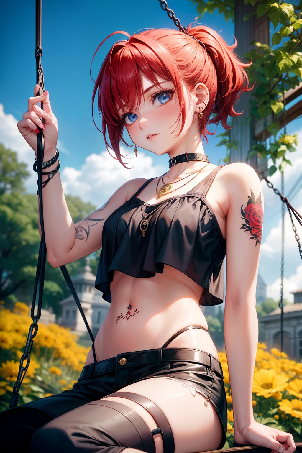 1 girl, solo, only one girl ,Short hair, red hair, short ponytail, blue eyes, necklace, piercings, hand tattoo, Garden, trees, swings, swinging, flowers, yellow flower garden, Swing, iron swing, afternoon, river, short vans, crop top, belly Tattoo,