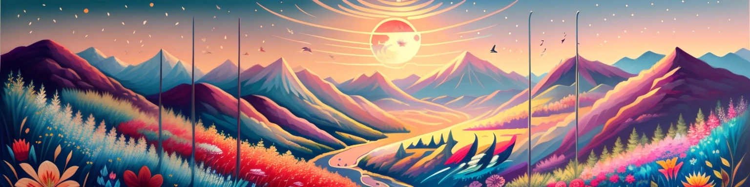 A painting of flowers and birds, the painting is a lot of flowers blooming on the ground, mountains and rivers, woods, hills, a red full moon in the sky, (do not appear figures)