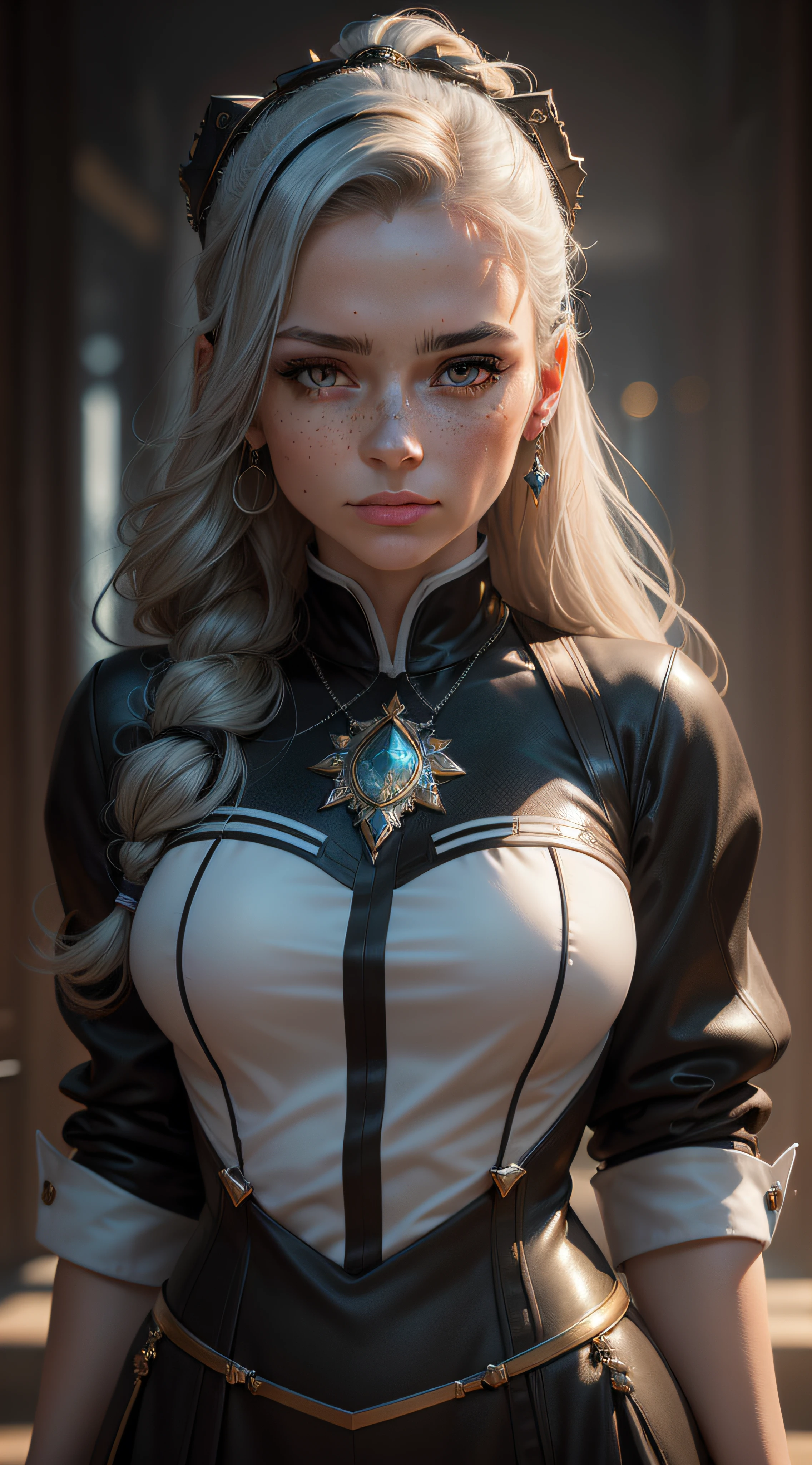 there is a woman, blonde, that is standing in a room with a shirt on, second life avatar, loosely cropped, close up half body shot, upper body close up, close up bust shot, upper body avatar, with smirk, character close up, medieval fantasy, crystals in the background, dark magician