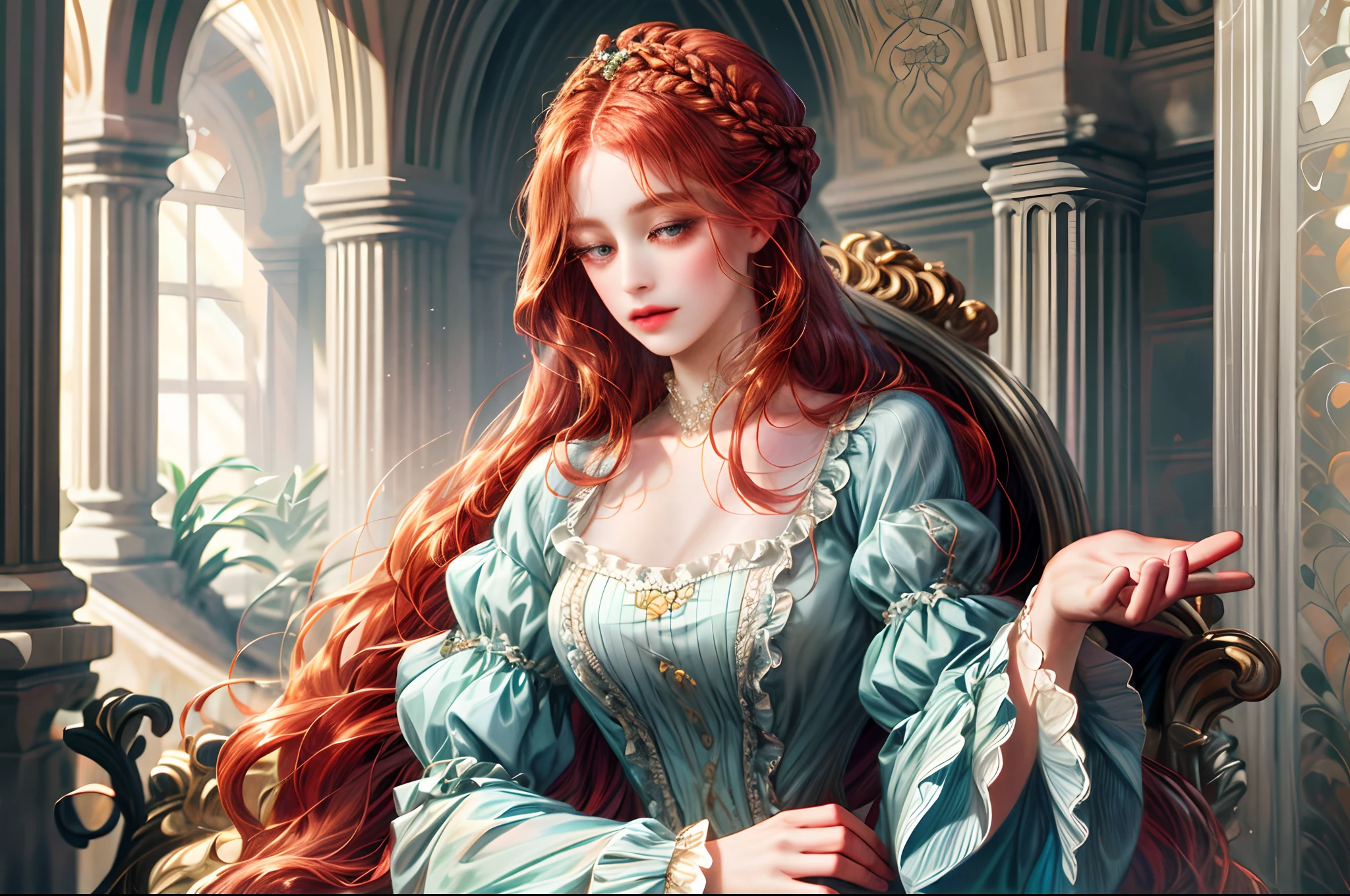 (absurdres, highres, ultra detailed), 1girl, solo, mature, Baroque, long flowered dress, long sleeve, elegant, colorful, highest detailed, upper body , red hair with victorian hairstyle, beautiful castle garden as background