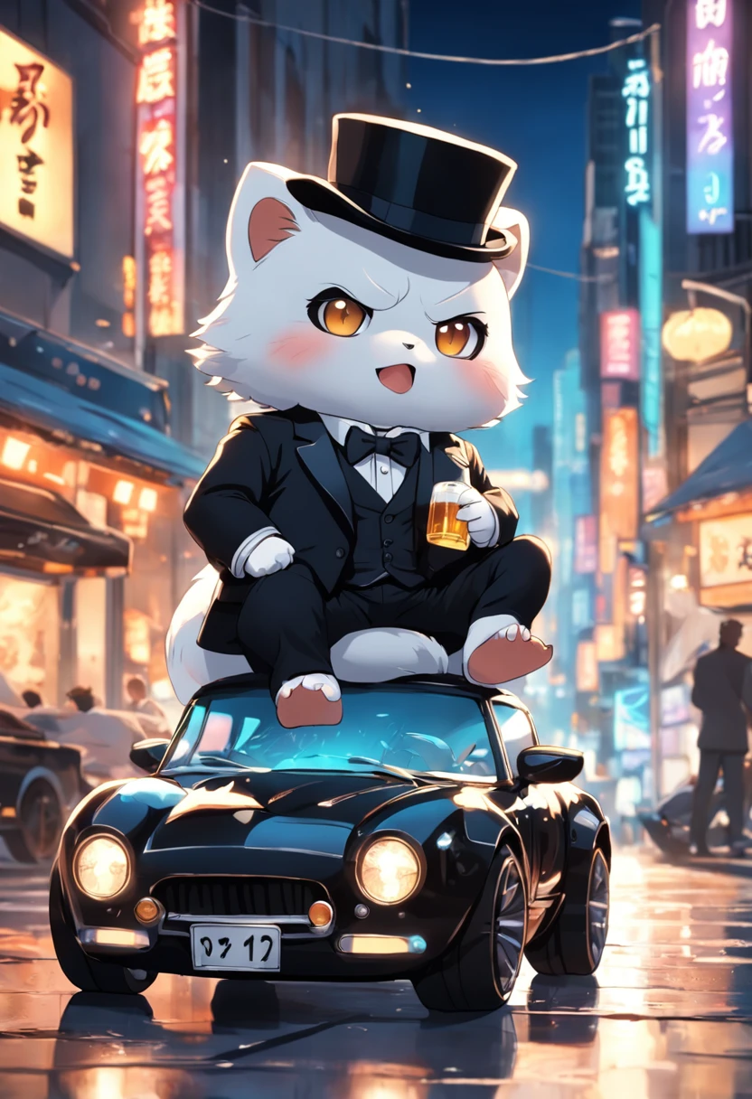 A masterpiece Chibi white duck animal, Mafia boss,  wearing a Black suit, a top hat, sunglasses, drinking a beer, next to a sport car in a city at night, neon, bioluminicense, HD