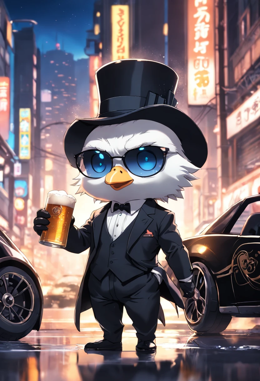 A masterpiece Chibi white duck animal, Mafia boss, wearing a Black suit, a top hat, sunglasses, drinking a beer, next to a sport car in a city at night, neon, bioluminicense, HD
