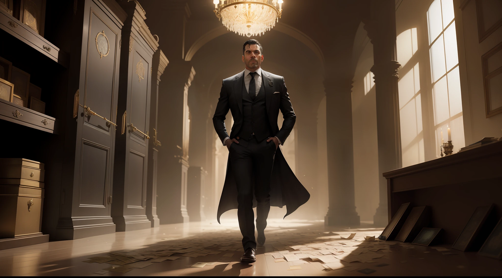In a dimly lit underground vault, a man finds himself surrounded by the cold steel walls of a bank vault. The air is tinged with the faint scent of metal and dust, and a low hum of ventilation provides the only constant sound. Stacks of currency, both crisp bills and weathered notes, lay strewn across the floor, creating an opulent mosaic of wealth at his feet. The flickering light from an overhead bulb casts eerie shadows across the room, giving the scene an almost surreal quality.
Against one wall, towering shelves stretch upward, their polished surfaces gleaming like mirrors. These shelves are lined with neat rows of safety deposit boxes, each door sporting a unique combination of numbers and letters. Some of the boxes stand open, revealing their contents—diamond-studded watches, glinting gold bars, and precious gemstones that catch the light and send colorful reflections dancing around the room.
The man's footsteps echo as he paces among the riches, his fingers brushing against the cool, smooth edges of the money stacks. The crisp notes crinkle faintly beneath his touch, a tangible reminder of the overwhelming fortune surrounding him. A leather duffle bag sits discarded on the ground, its zipper half-open as if it couldn't contain the sheer abundance of wealth it was meant to hold.
As the man moves, his gaze is drawn to a heavy steel door on the far side of the room. It stands slightly ajar, revealing a tantalizing glimpse of the vault's entrance—an imposing circular door with intricate gears and locking mechanisms. The vault's history is palpable, its weighty presence evoking both the security and secrecy it was designed to uphold.
In this surreal tableau, the man's emotions are a mix of awe, excitement, and perhaps a hint of trepidation. He stands alone within this haven of riches, a modern-day Midas with the world's wealth at his fingertips, yet surrounded by the very symbols of security that keep it all confined.