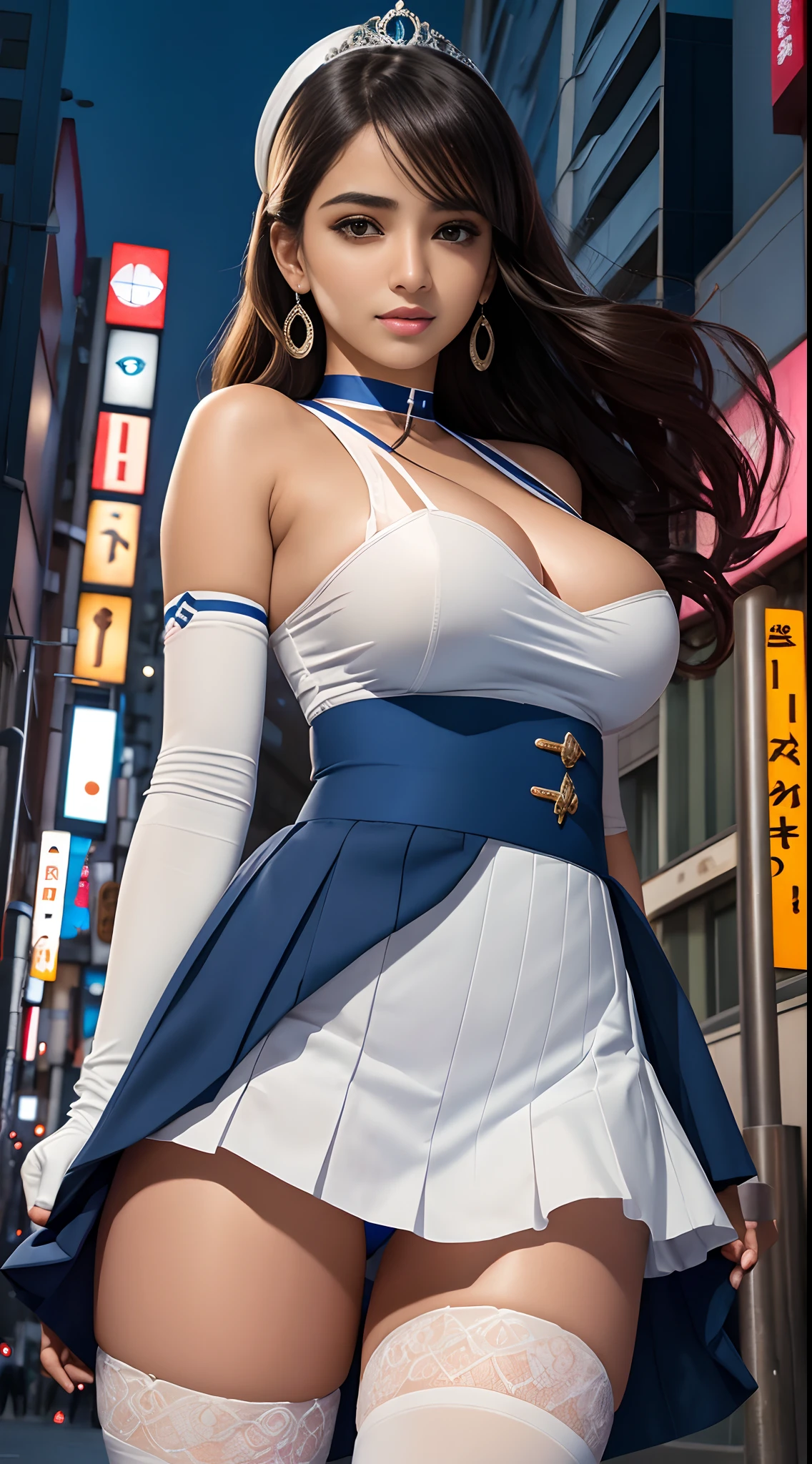 1girl, happy, smirk, Tokyo street, cityscape, city lights,day,.Flexing, 8k, RAW photo, best quality, masterpiece, realistic, photo-realistic, masterpiece, best quality, high-resolution, tiara,sailors uniform, random hair, stockings, big breasts, blue sailor collar,bow,knee boots,choker,white gloves,blue choker,elbow gloves,jewelry,earrings,blueskirt, pull up skirt to show panty, panty, high resolution, highly detailed, hyper realistic, 8K, indian girl, 25 years old Indian girl, big breasts, use hands to pull up the skirt so that underwear is visible to the viewer, shot from below, pale skin, super lighting