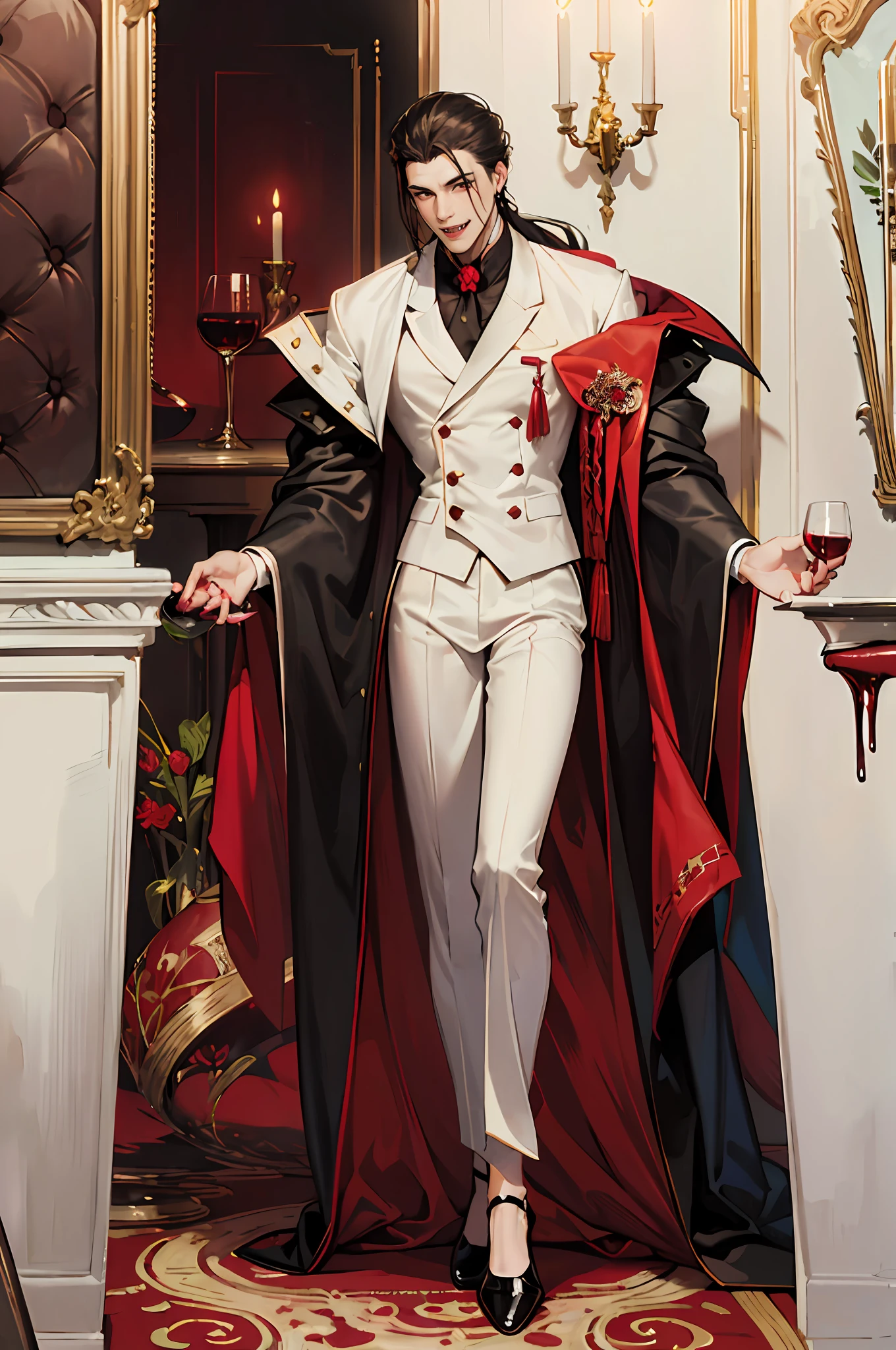 face of a handsome male boy vampire with big fangs, smiling in a seducing way
